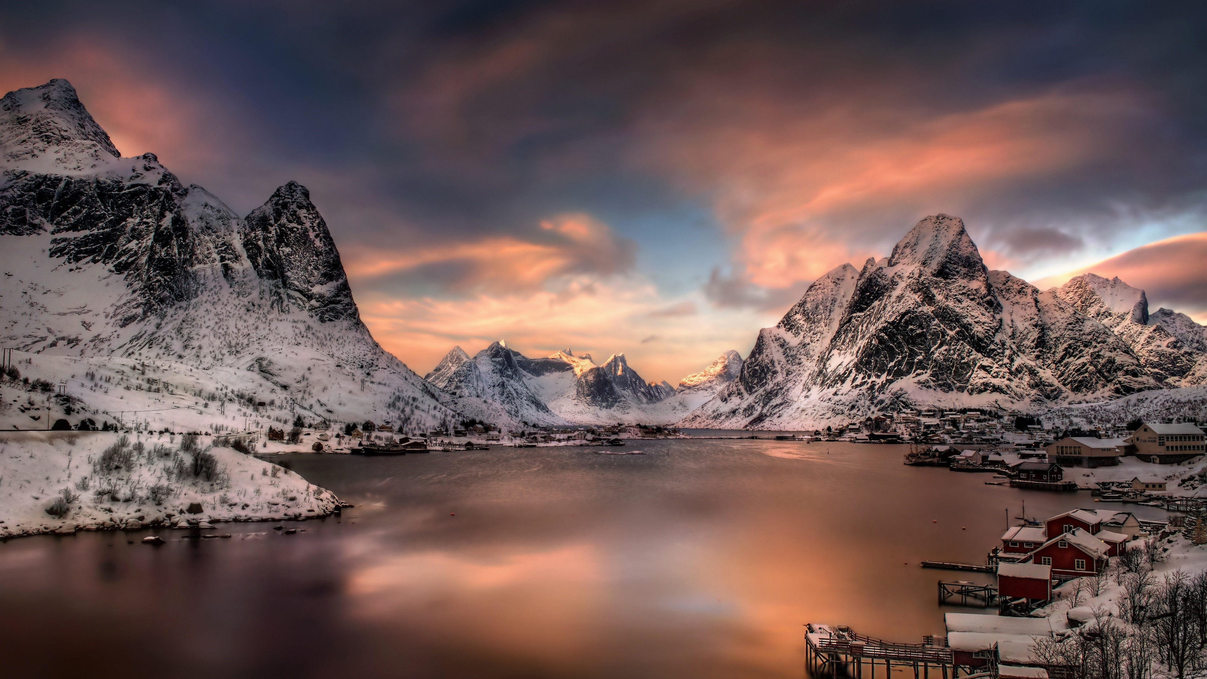 Snowy Mountains and Village at Sunset HD Wallpaper