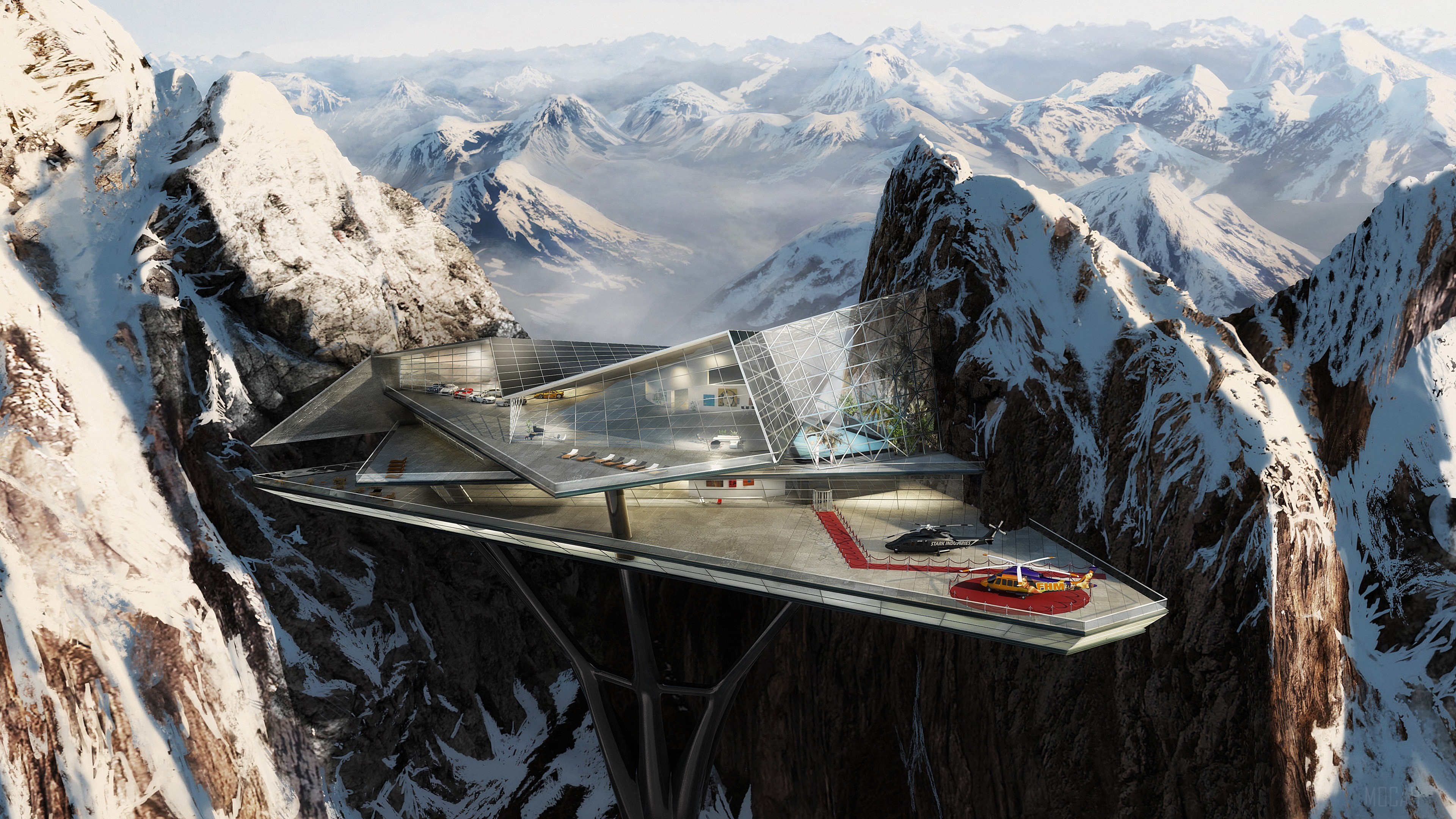 Modern mountain villa with helipads HD Wallpaper