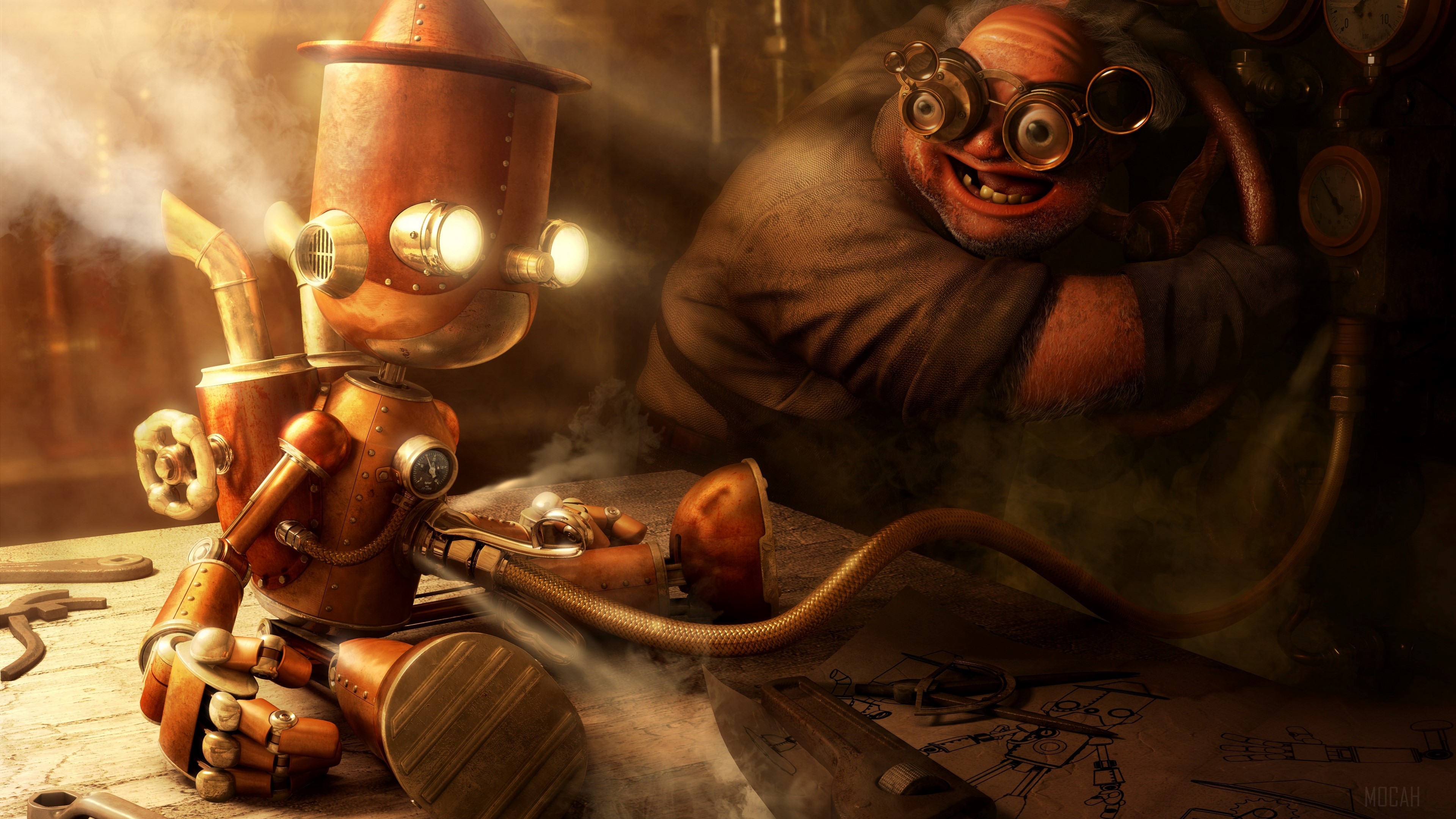 Steampunk robot and inventor in workshop HD Wallpaper