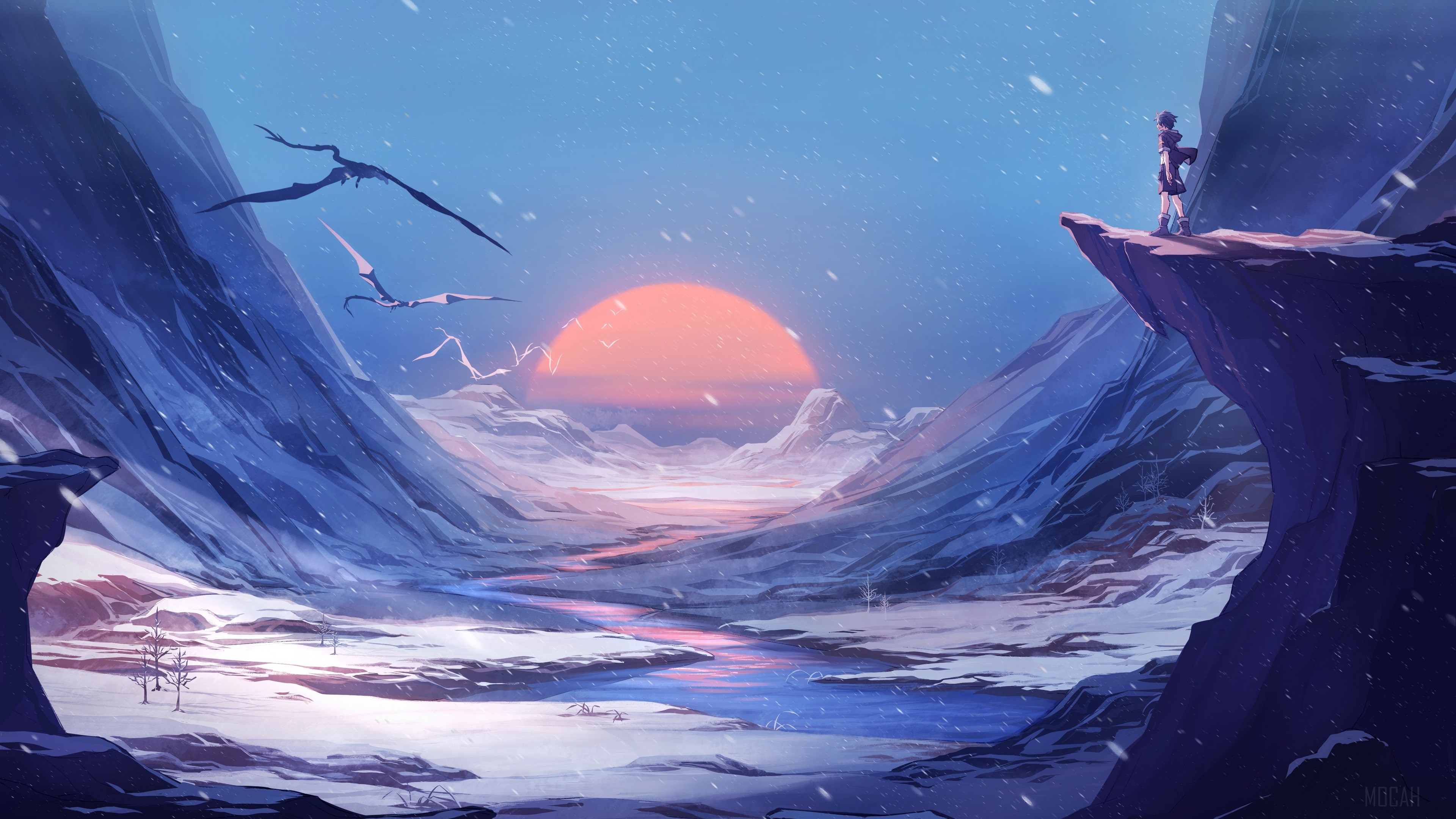 Fantasy landscape with flying creatures and a lone figure HD Wallpaper