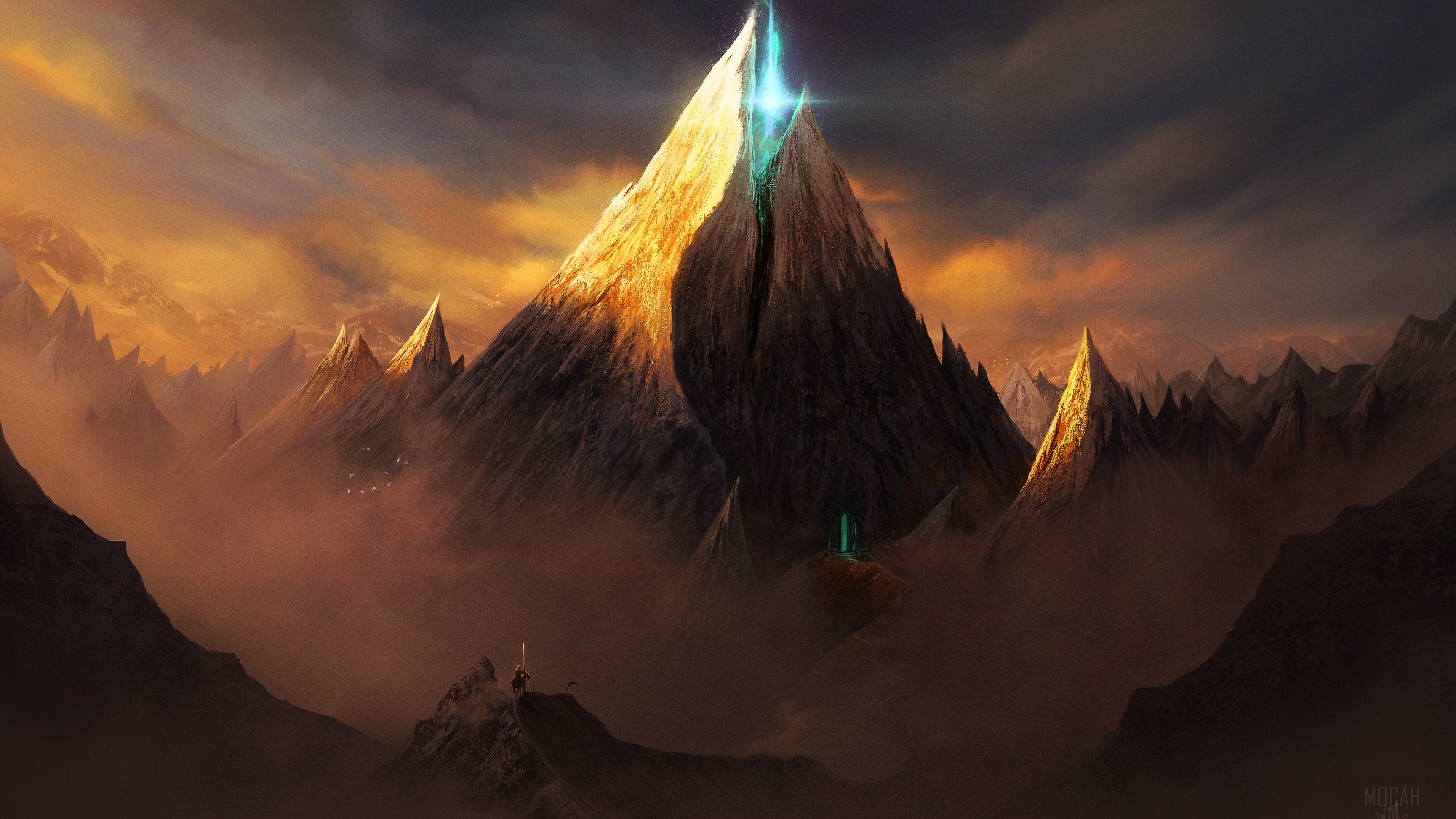 Mountain landscape with glowing peak and beam 4K HD Wallpaper