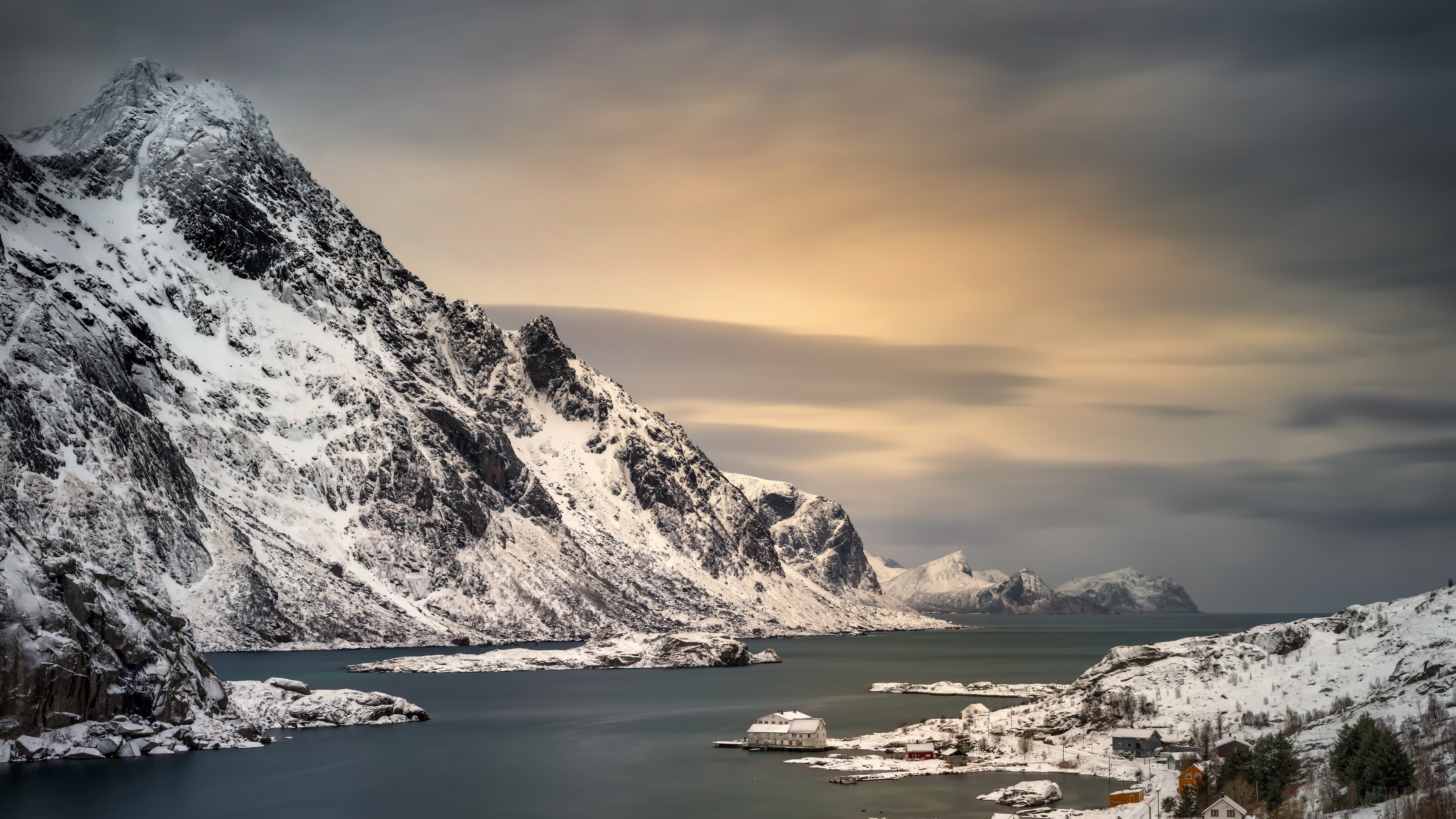 Snowy Mountains and Coastal Village HD Wallpaper