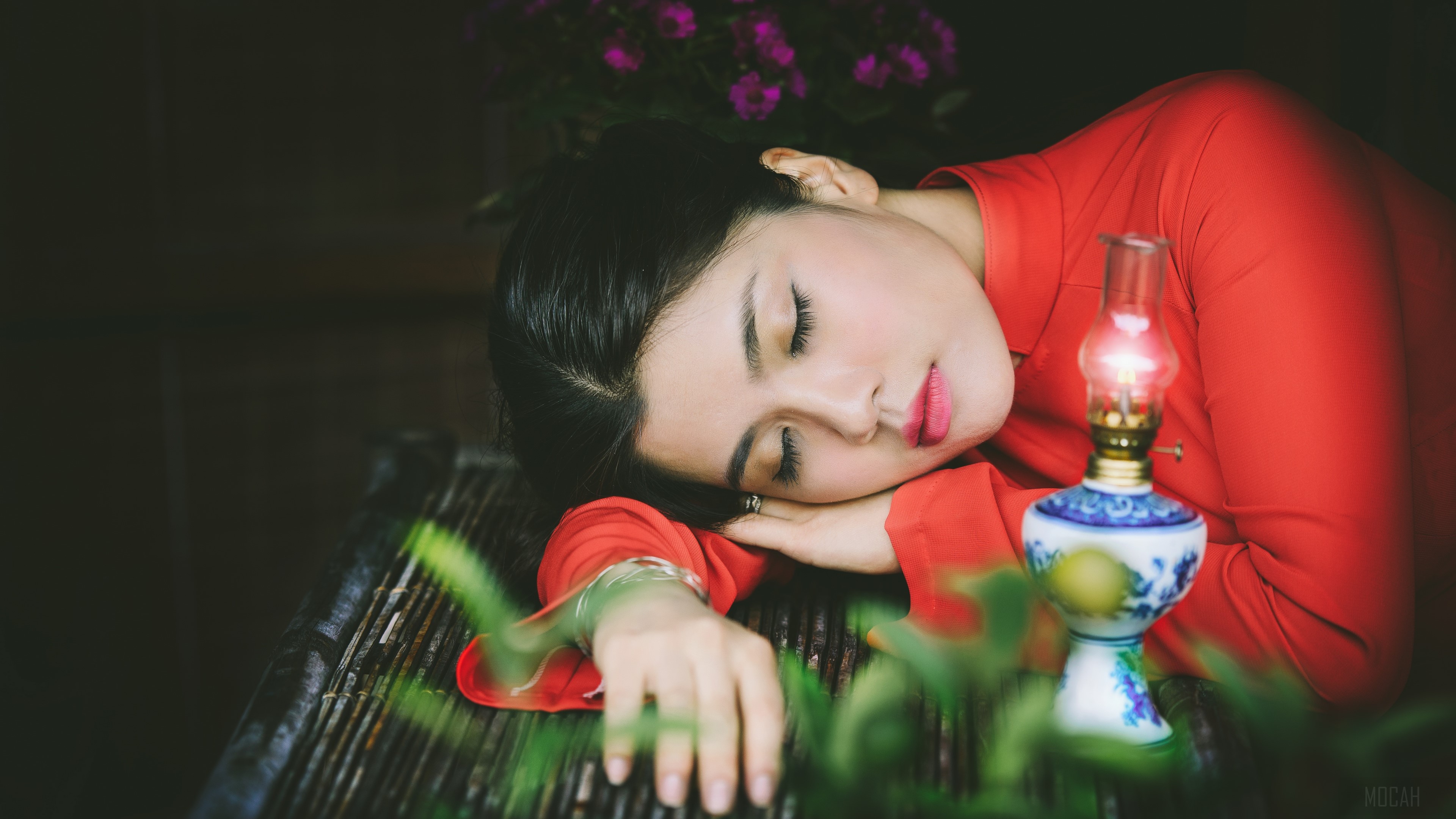 Vietnamese Woman in Red Ao Dai with Lamp 4K HD Wallpaper