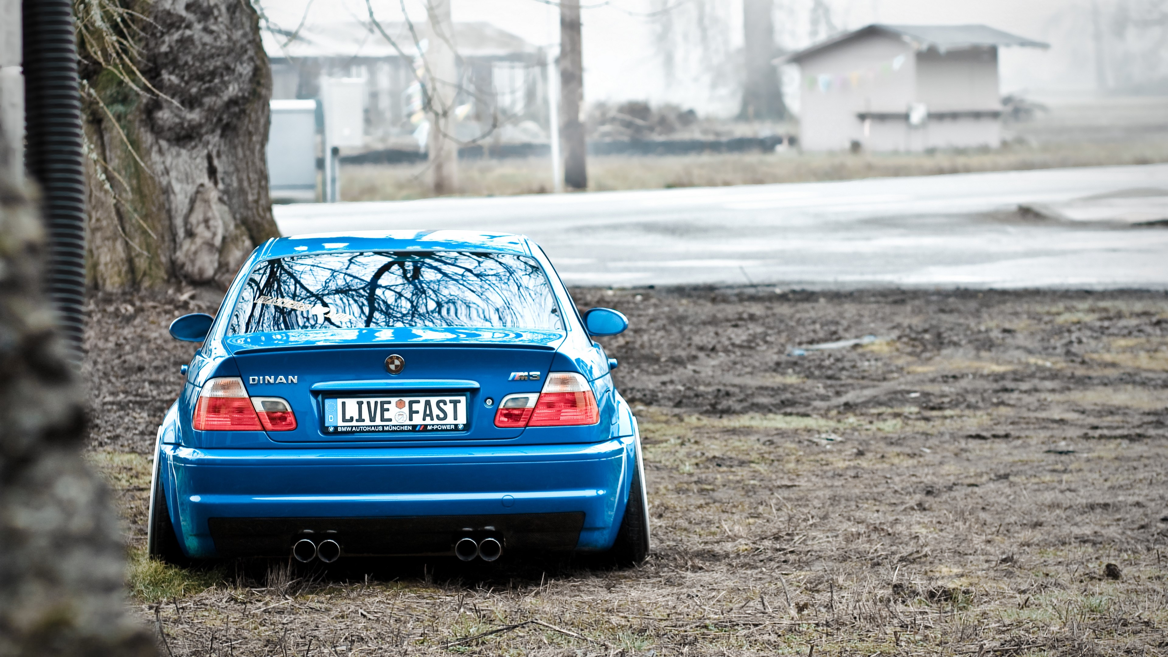 Blue BMW M3 Dinan with "LIVE FAST" license plate HD Wallpaper