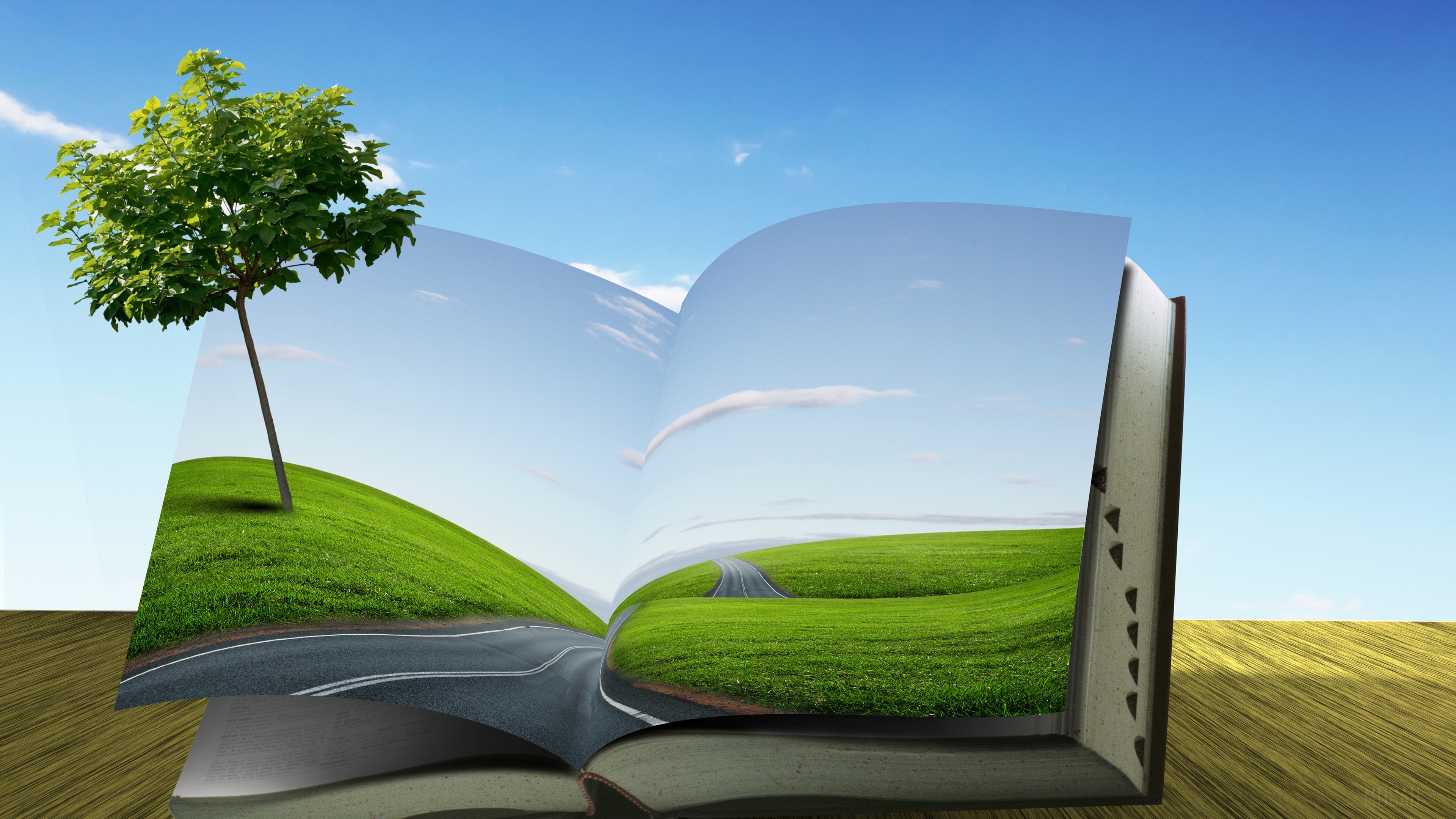 Open book with landscape and tree HD Wallpaper