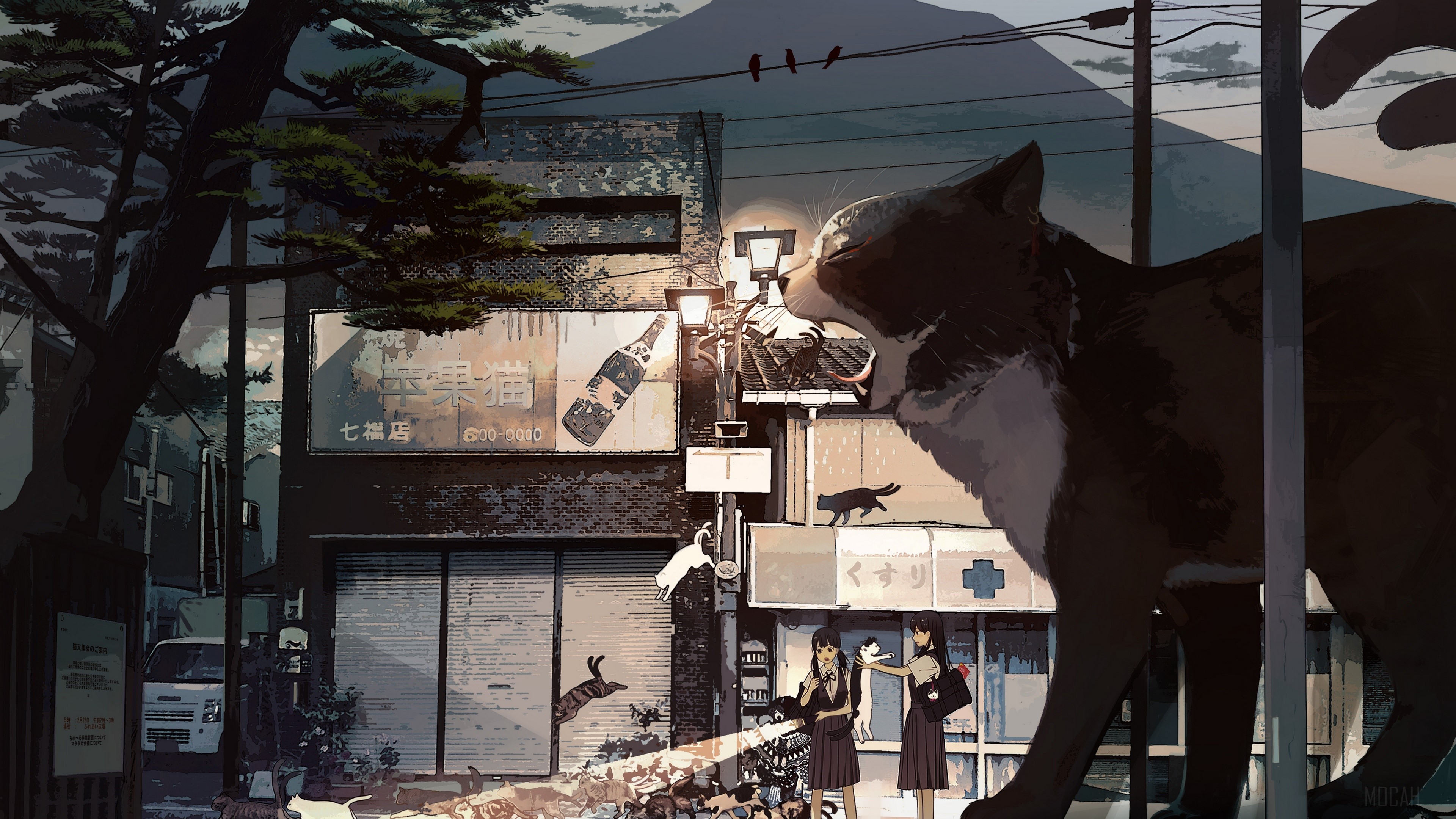 Giant Cat and Schoolgirls in a Japanese Town 4K HD Wallpaper