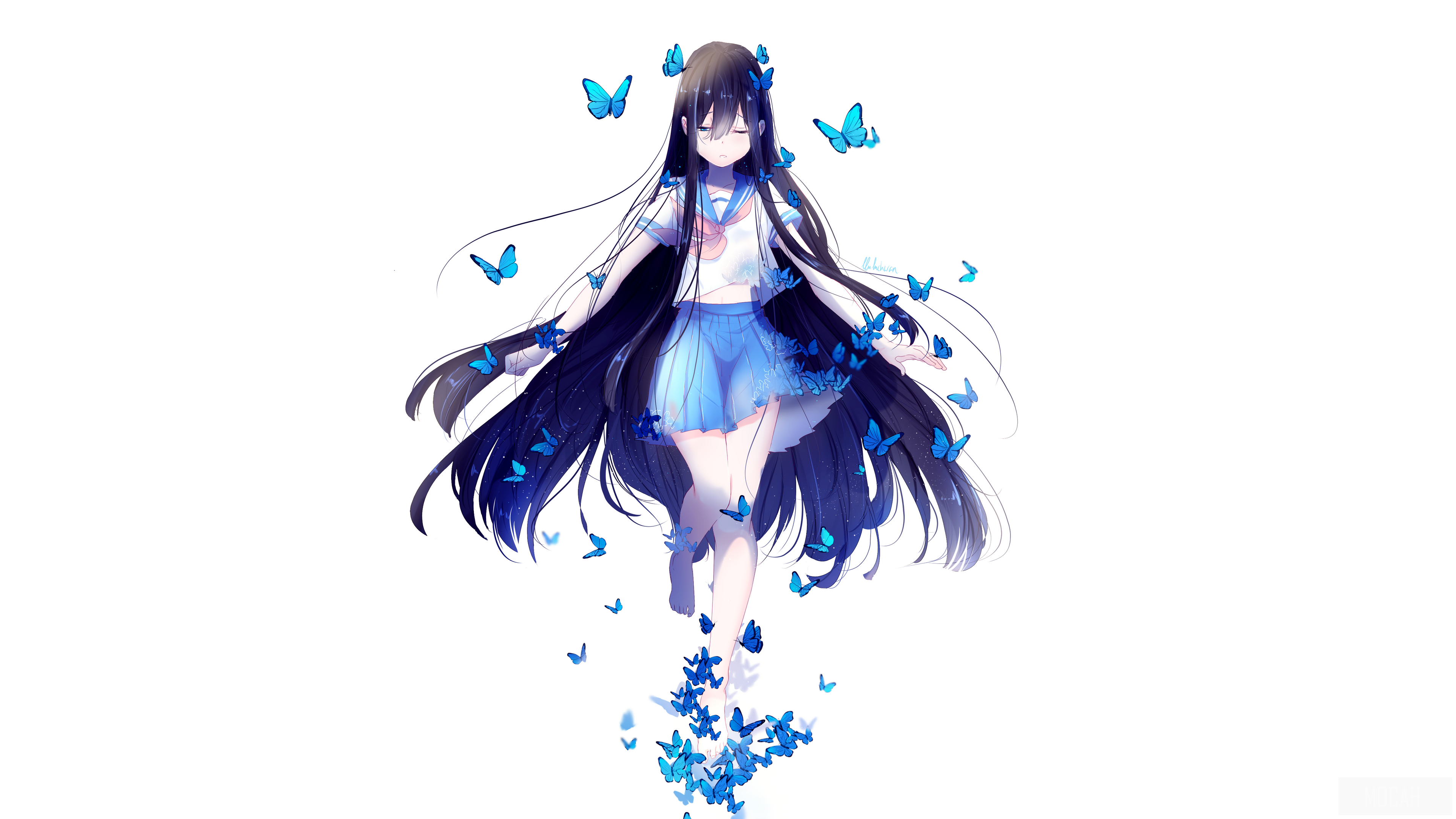 Girl with Long Black Hair and Blue Butterflies in School Uniform 4K HD Wallpaper