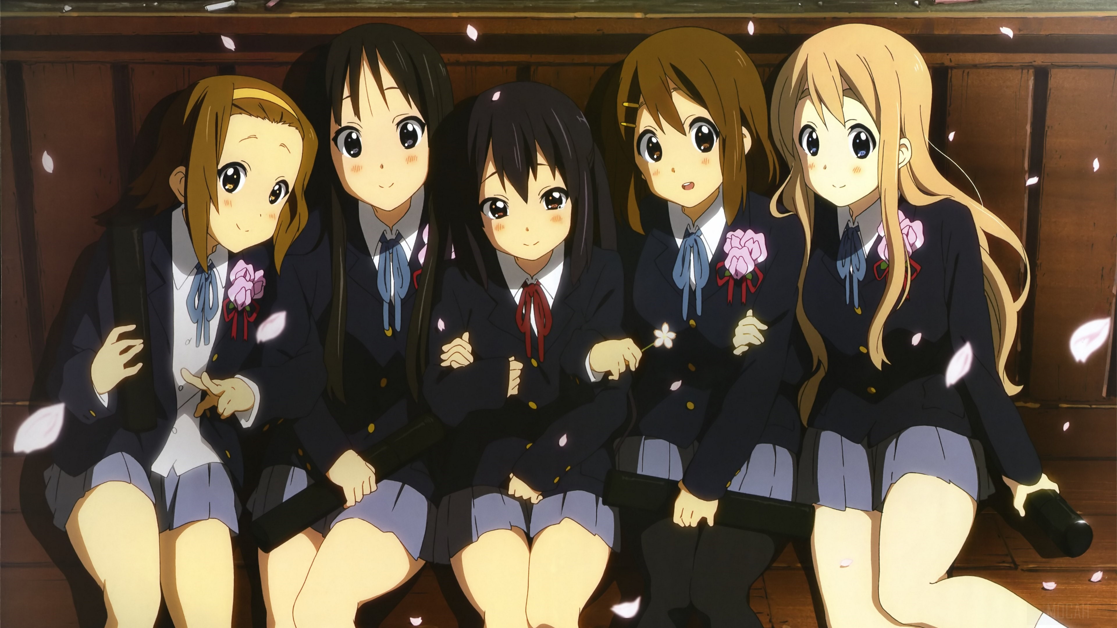 K-On Characters in School Uniforms with Flower Petals HD Wallpaper