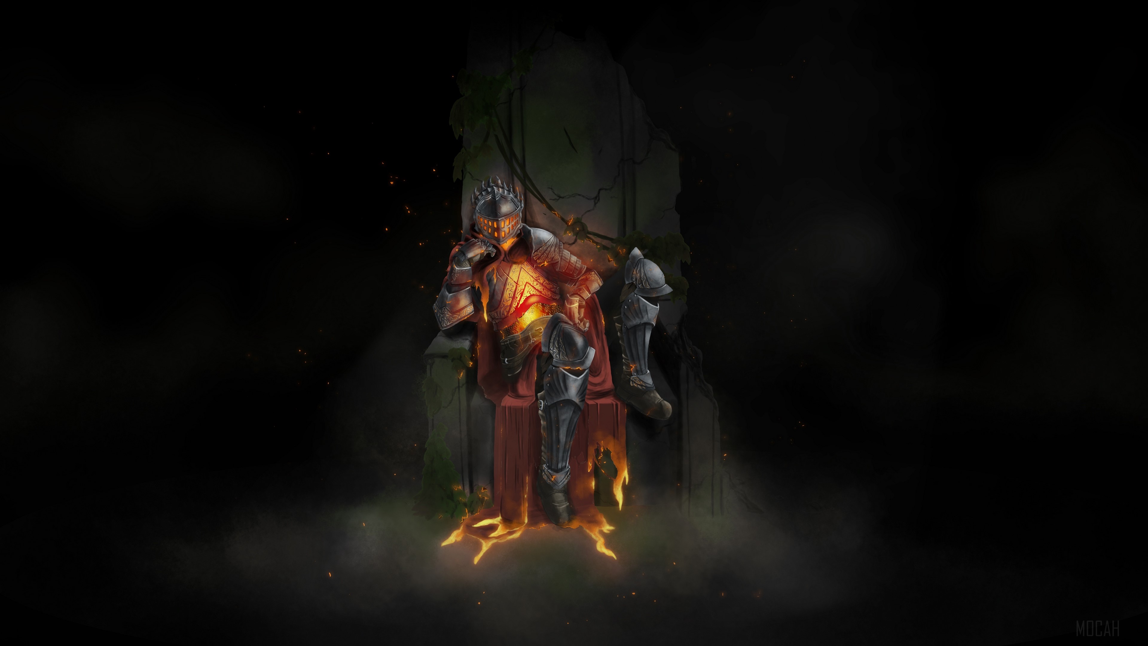 Knight on a throne engulfed in flames HD Wallpaper