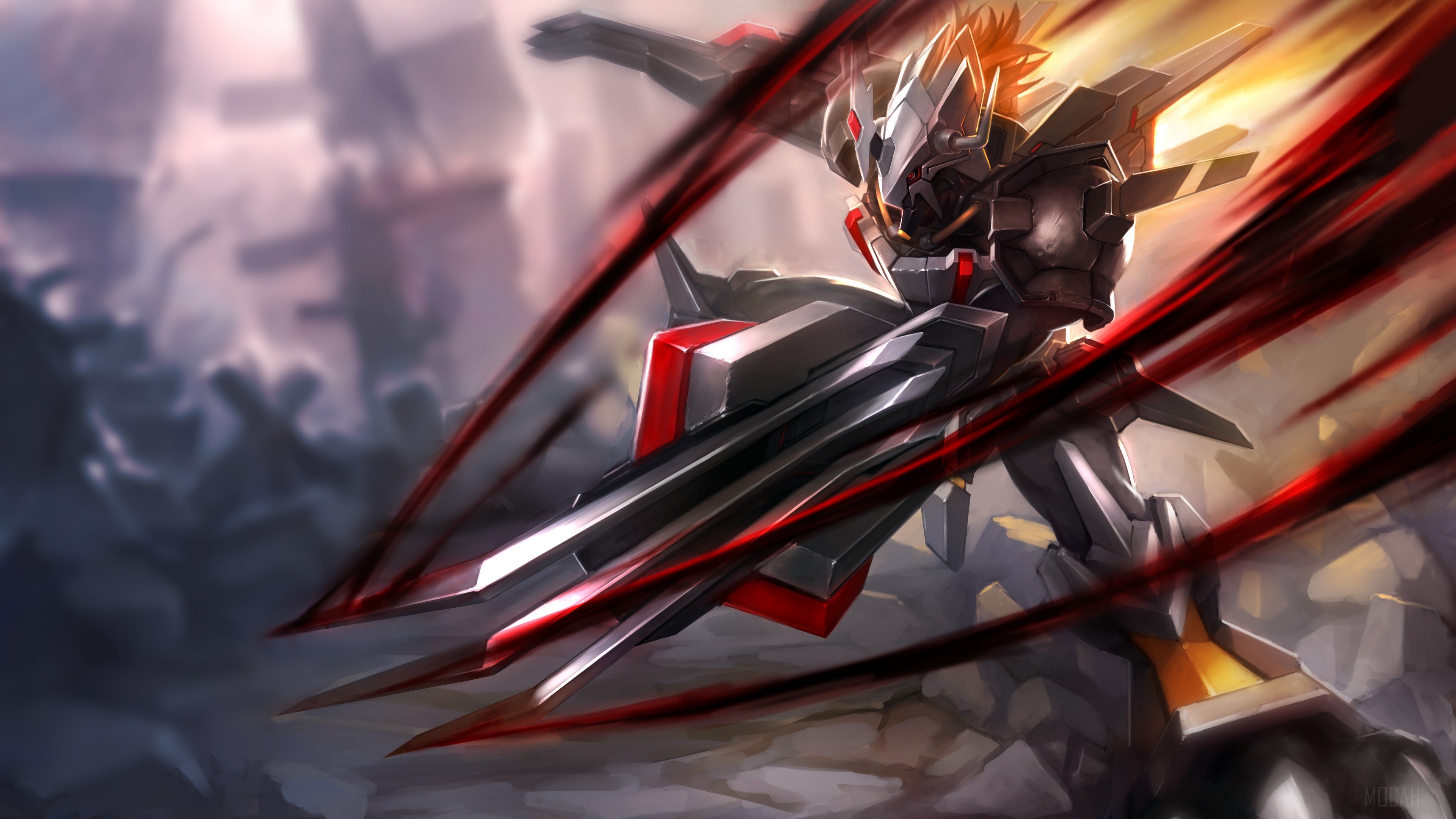 4K Mech Warrior with Red Energy Blades HD Wallpaper