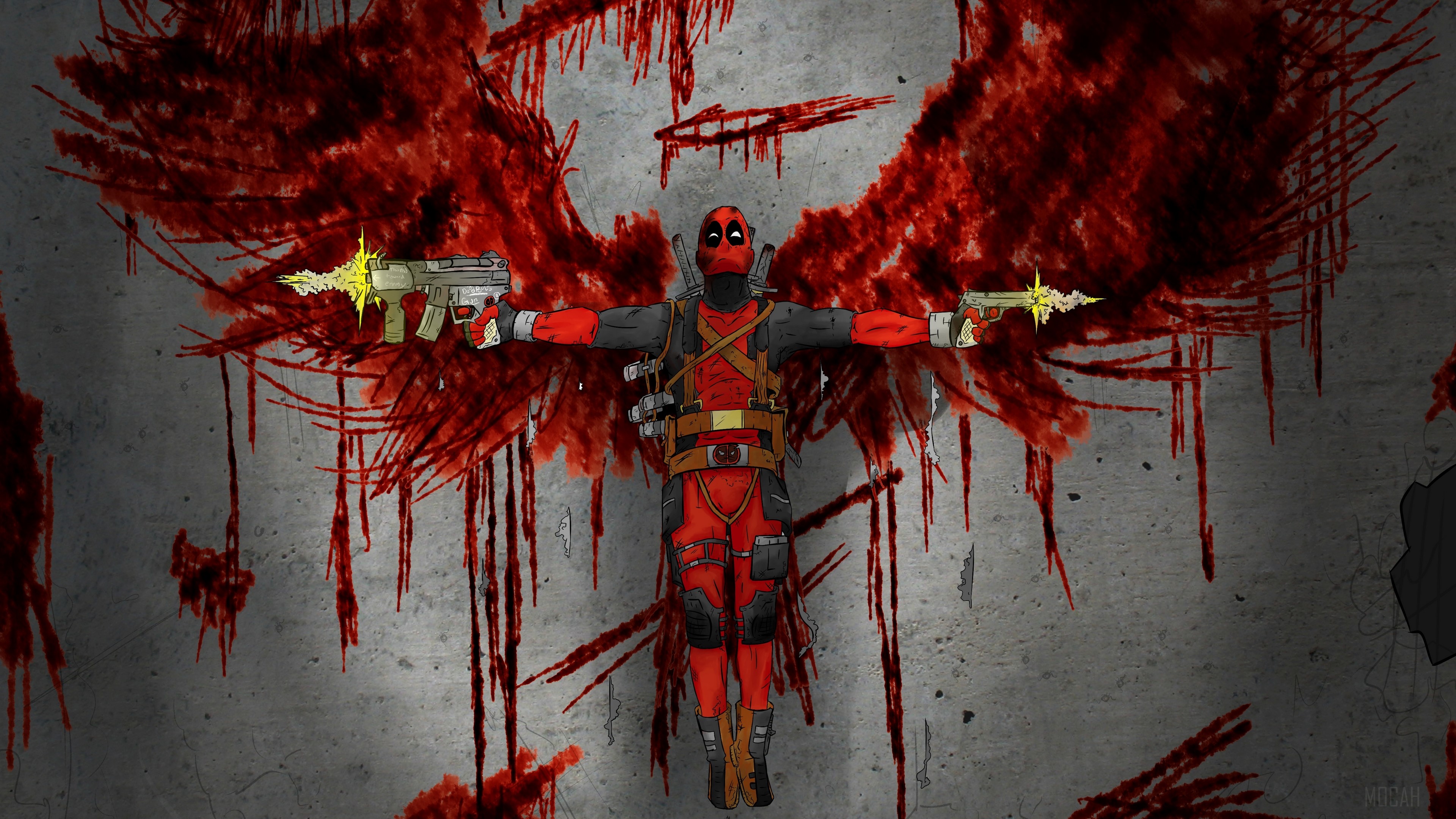 Deadpool with guns and bloody wings HD Wallpaper