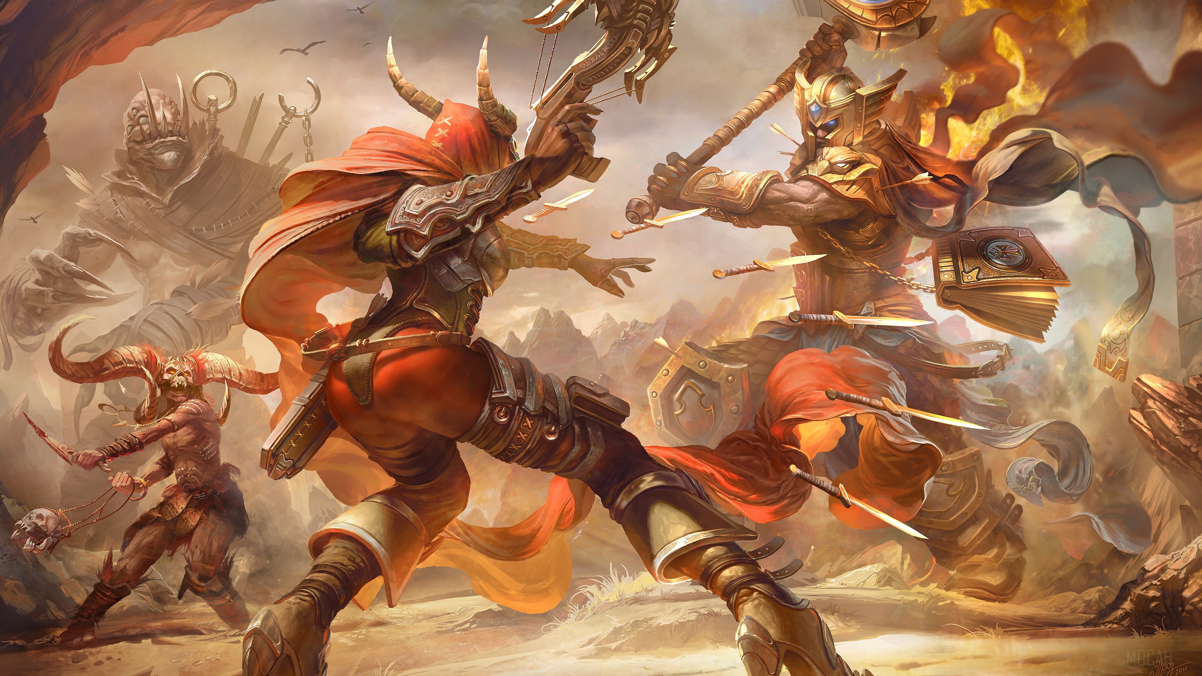 Fantasy warriors battling in a desert landscape HD Wallpaper