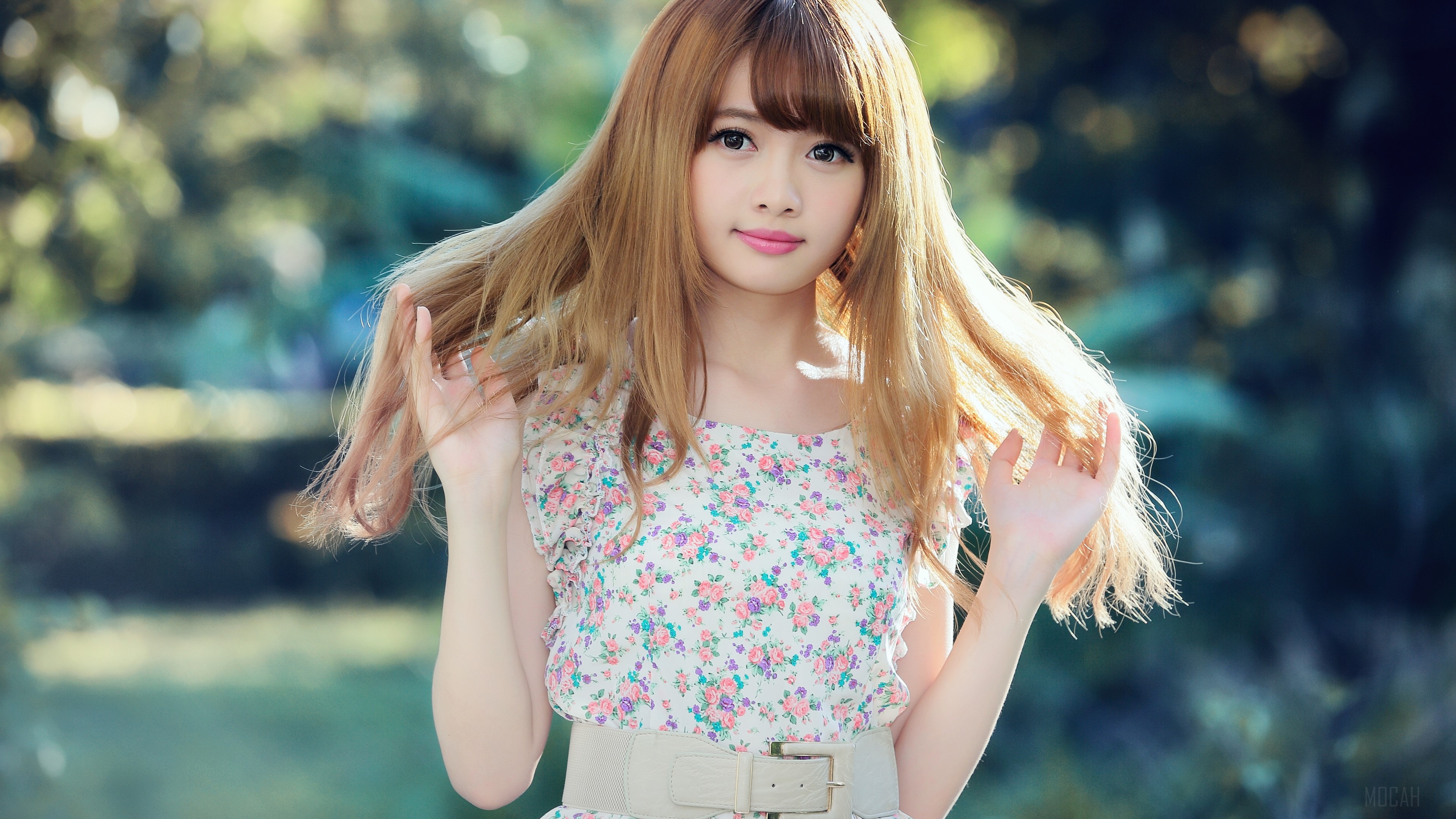 Taiwanese Girl with Floral Dress and Belt in Bokeh HD Wallpaper