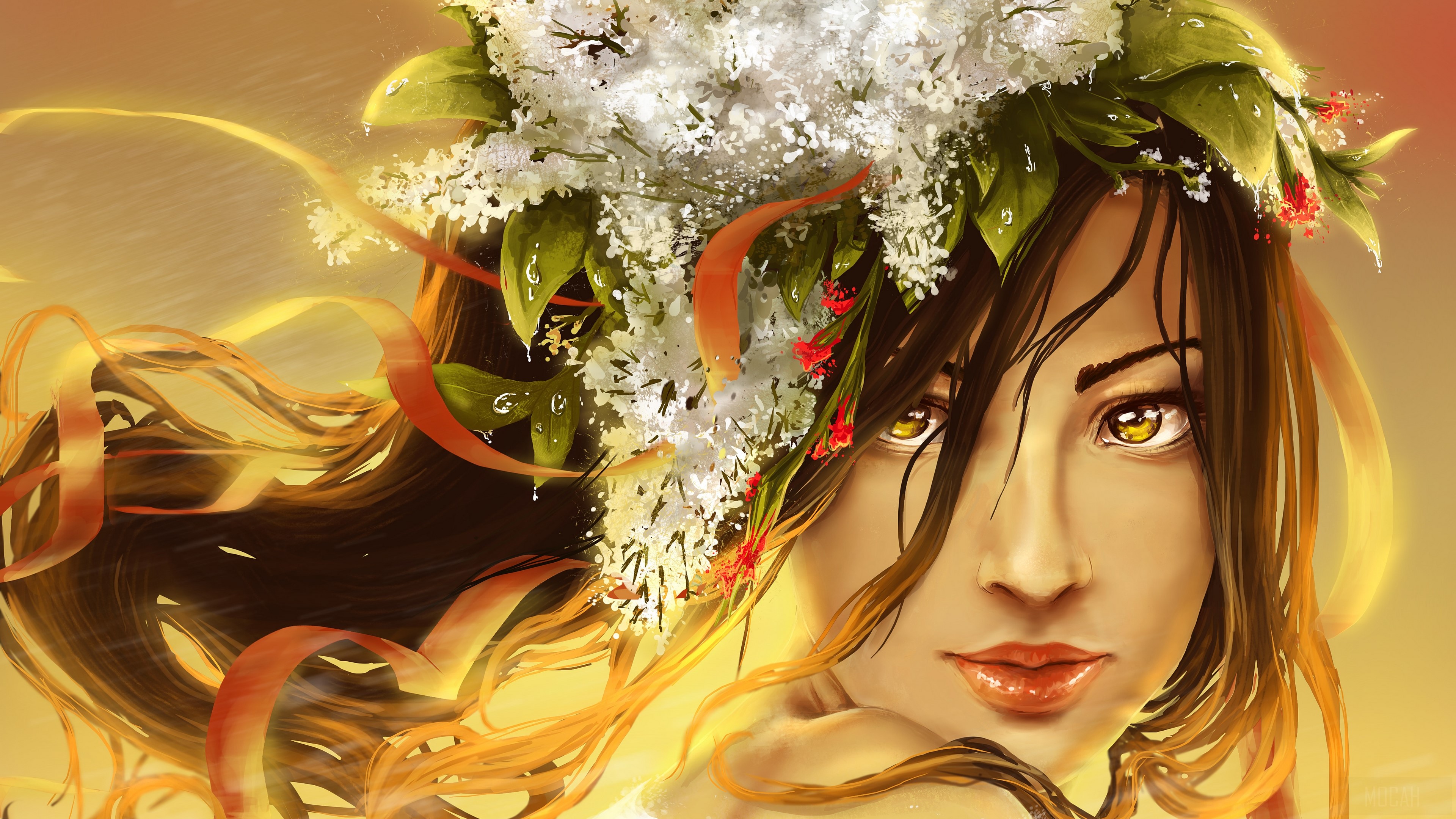 Woman with flower crown and ribbons 4K HD Wallpaper