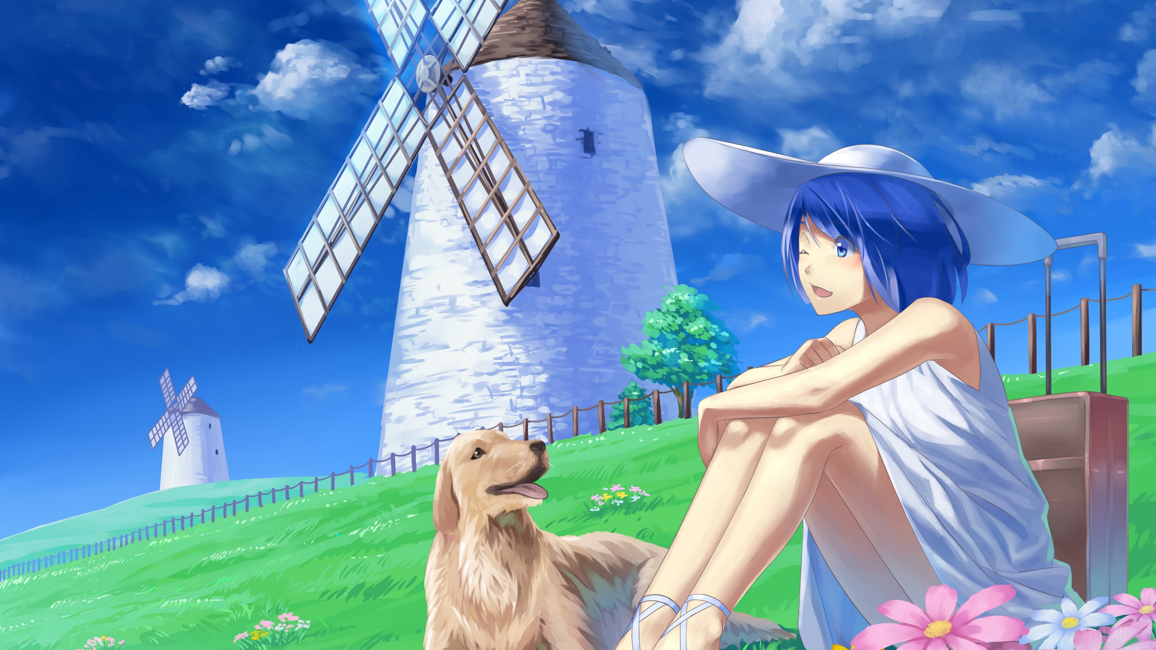 Girl with Blue Hair and Dog near Windmill 4K HD Wallpaper