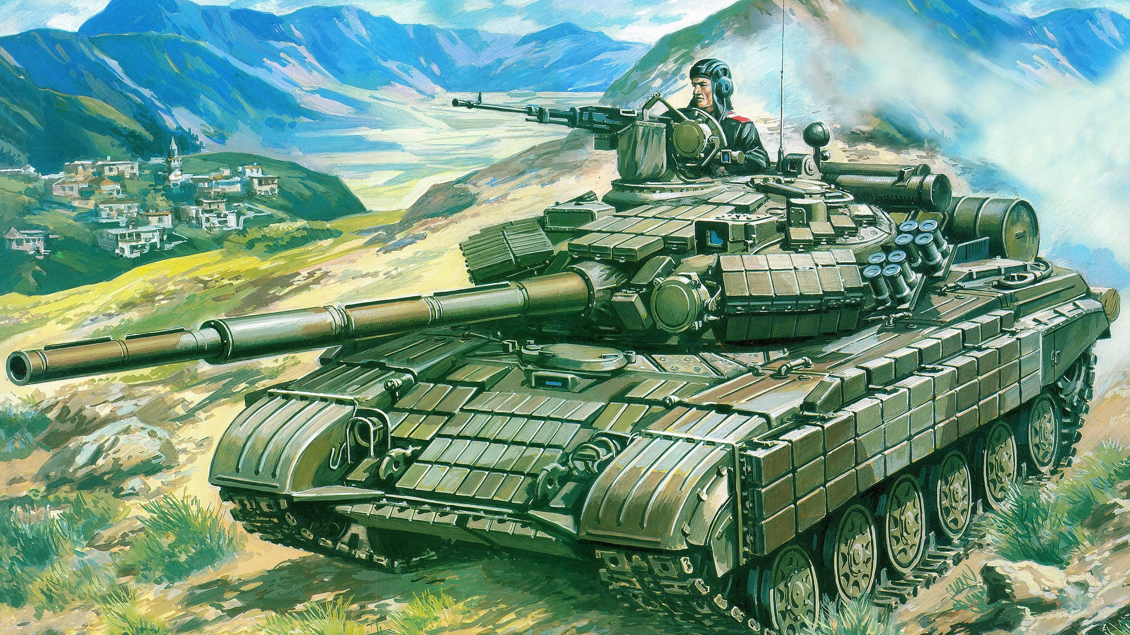 Tank in a Mountainous Village Landscape HD Wallpaper