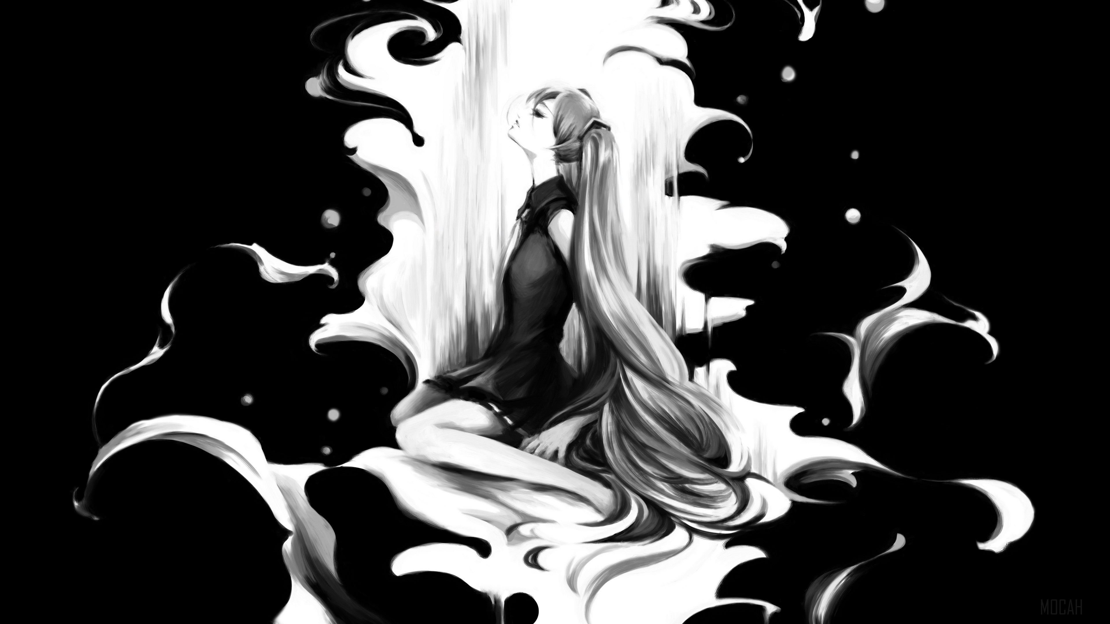 Hatsune Miku in Monochrome Serenity 4K HD Wallpaper