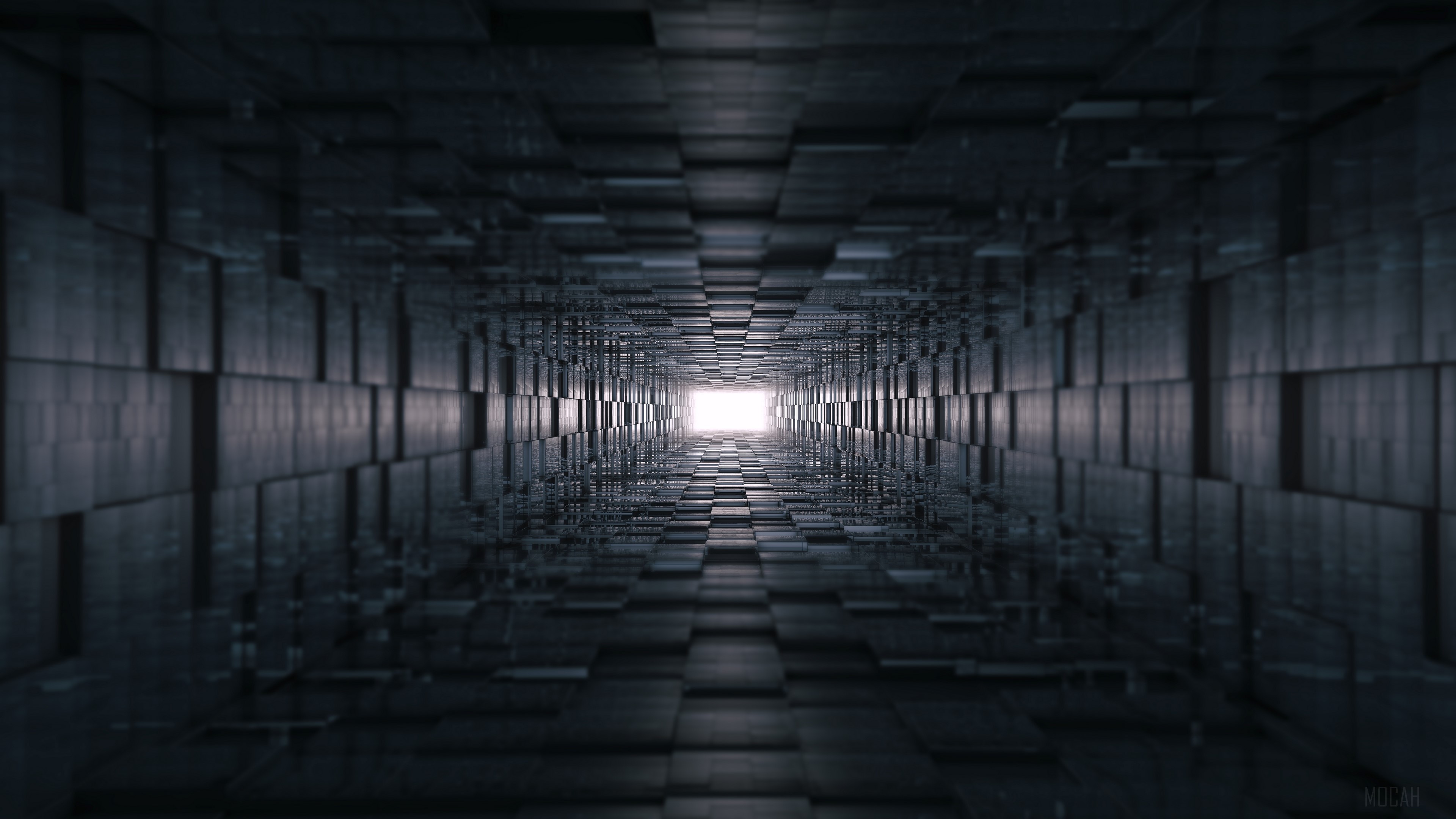 Dark Geometric Tunnel with Light at the End 4K HD Wallpaper