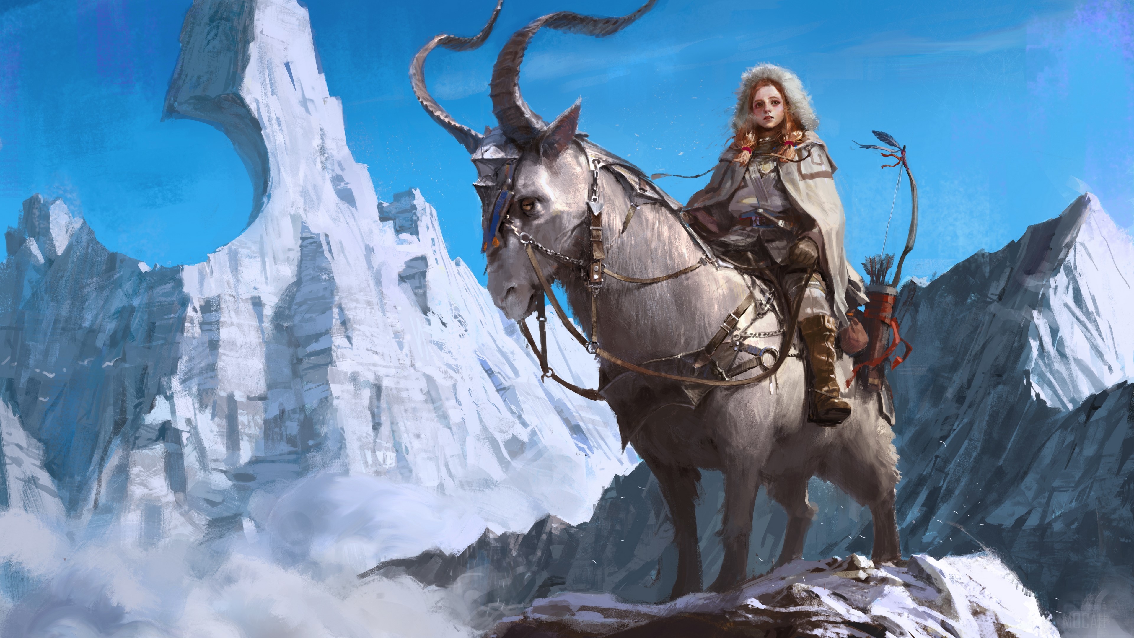 Woman warrior with bow riding a horned animal in mountains 4K HD Wallpaper