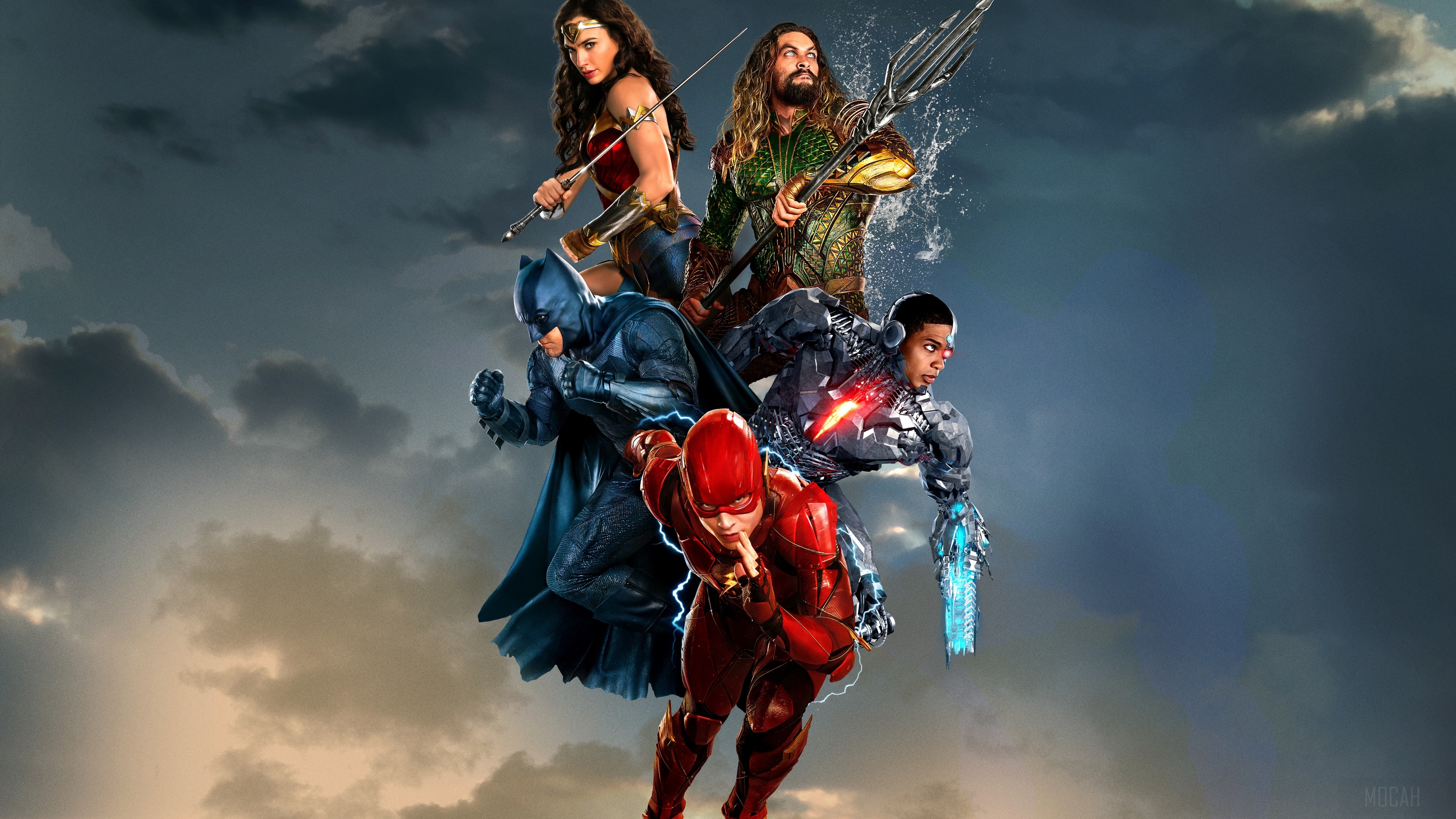 Justice League characters Wonder Woman, Aquaman, Batman, Cyborg, and Flash HD Wallpaper