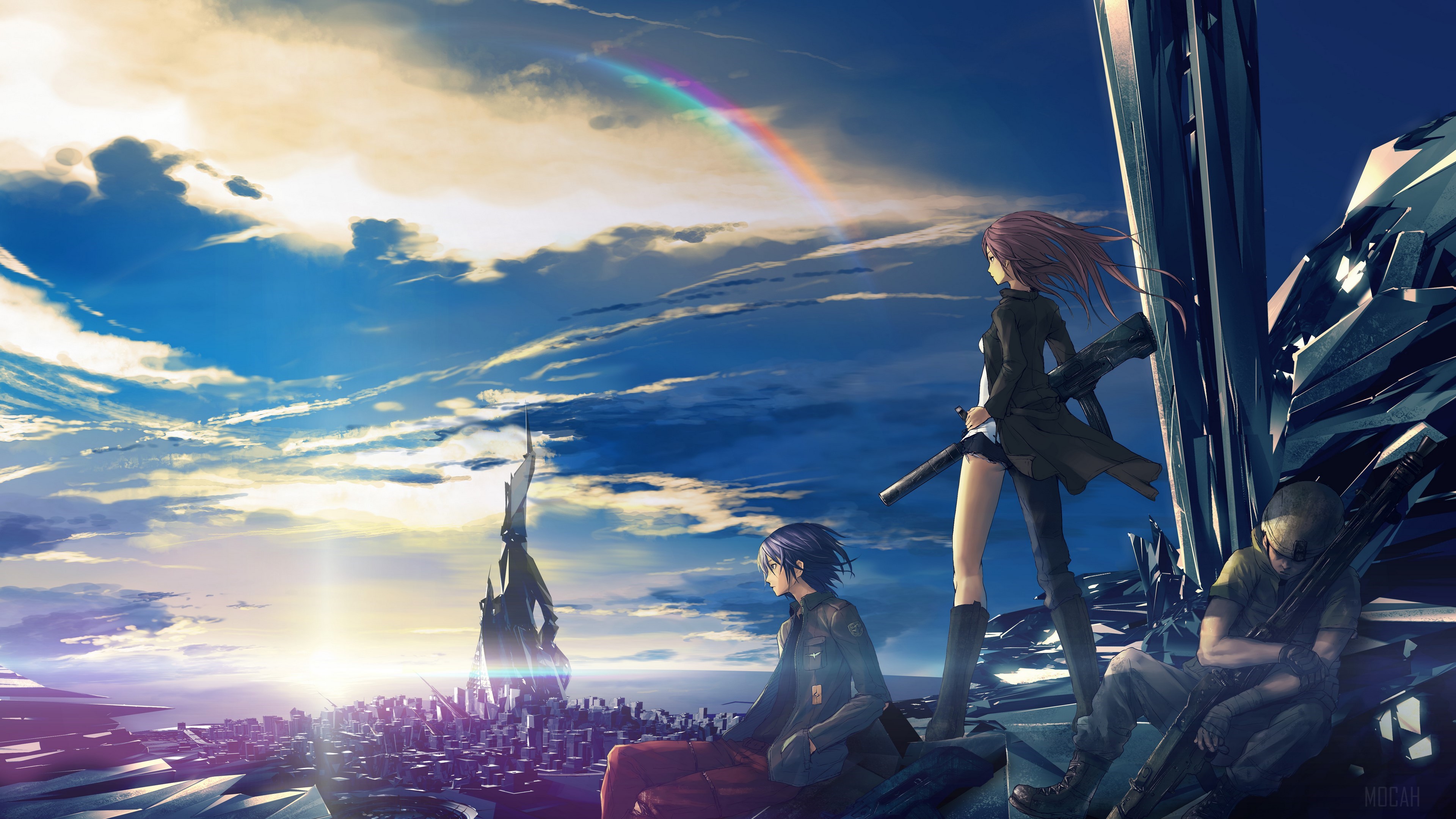 Three characters overlooking a futuristic city at sunrise HD Wallpaper