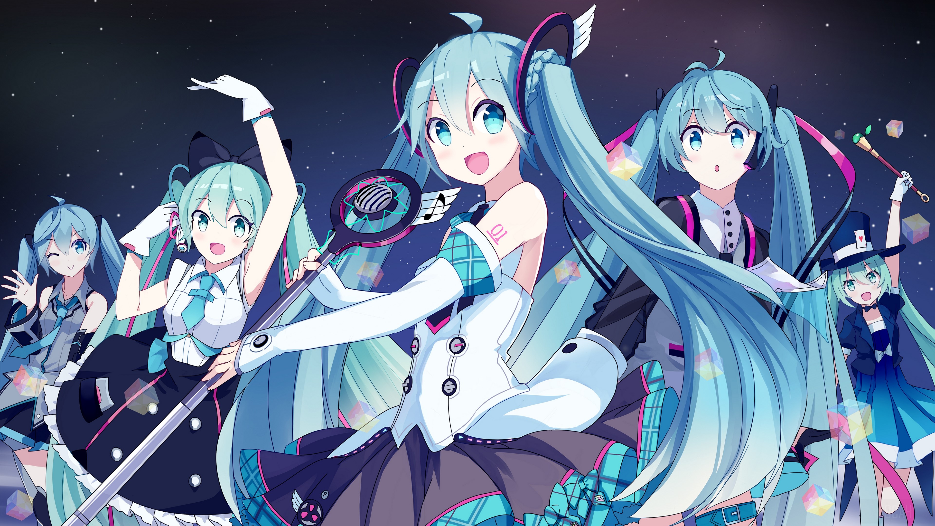 Hatsune Miku and friends performing on stage HD Wallpaper
