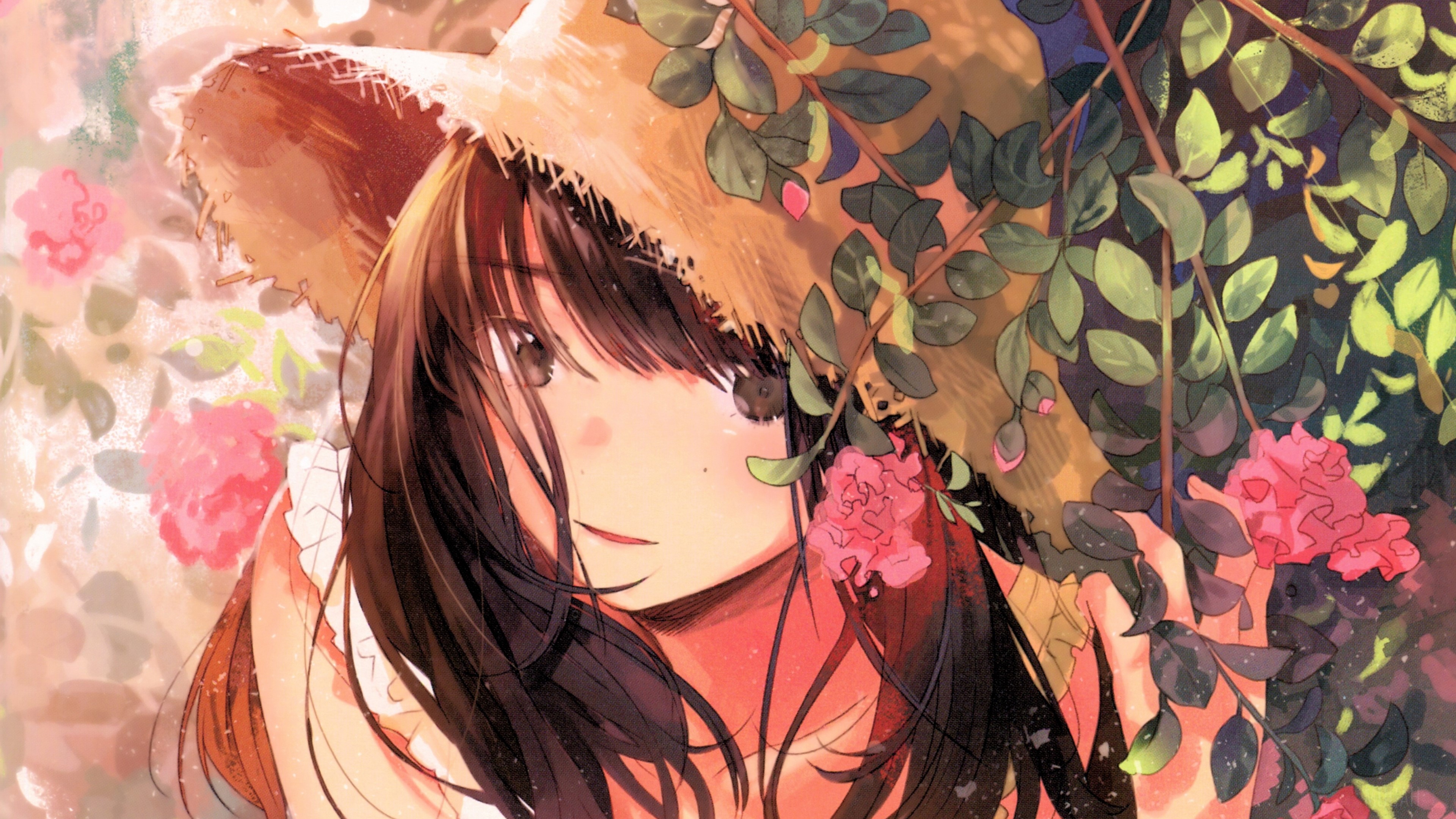 Girl in Straw Hat with Roses HD Wallpaper