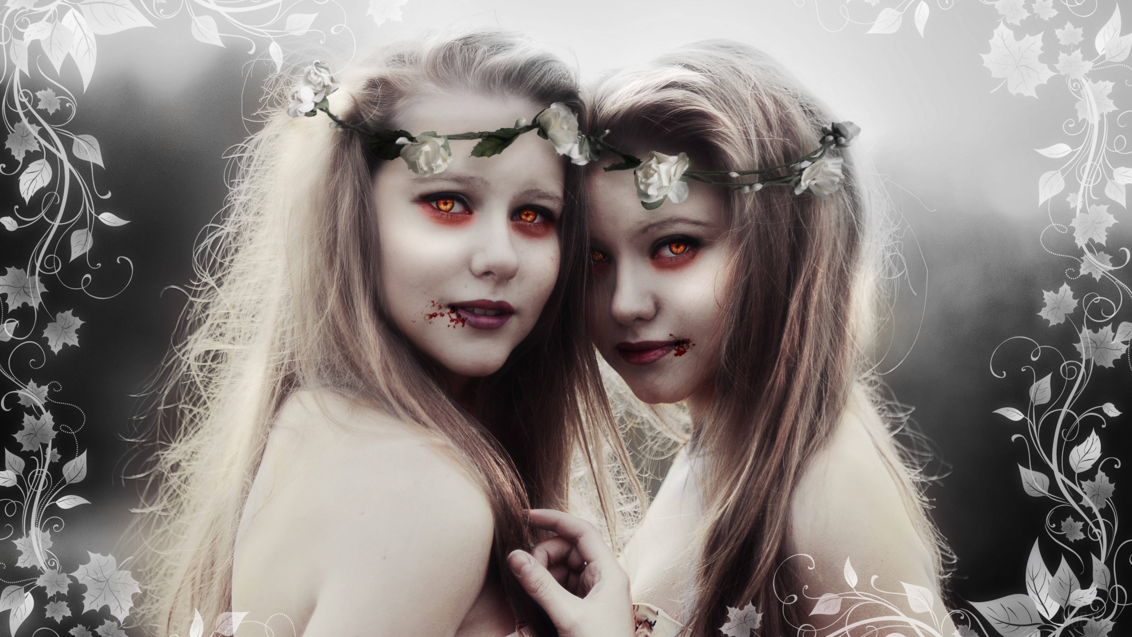 Two young vampires with flower crowns HD Wallpaper