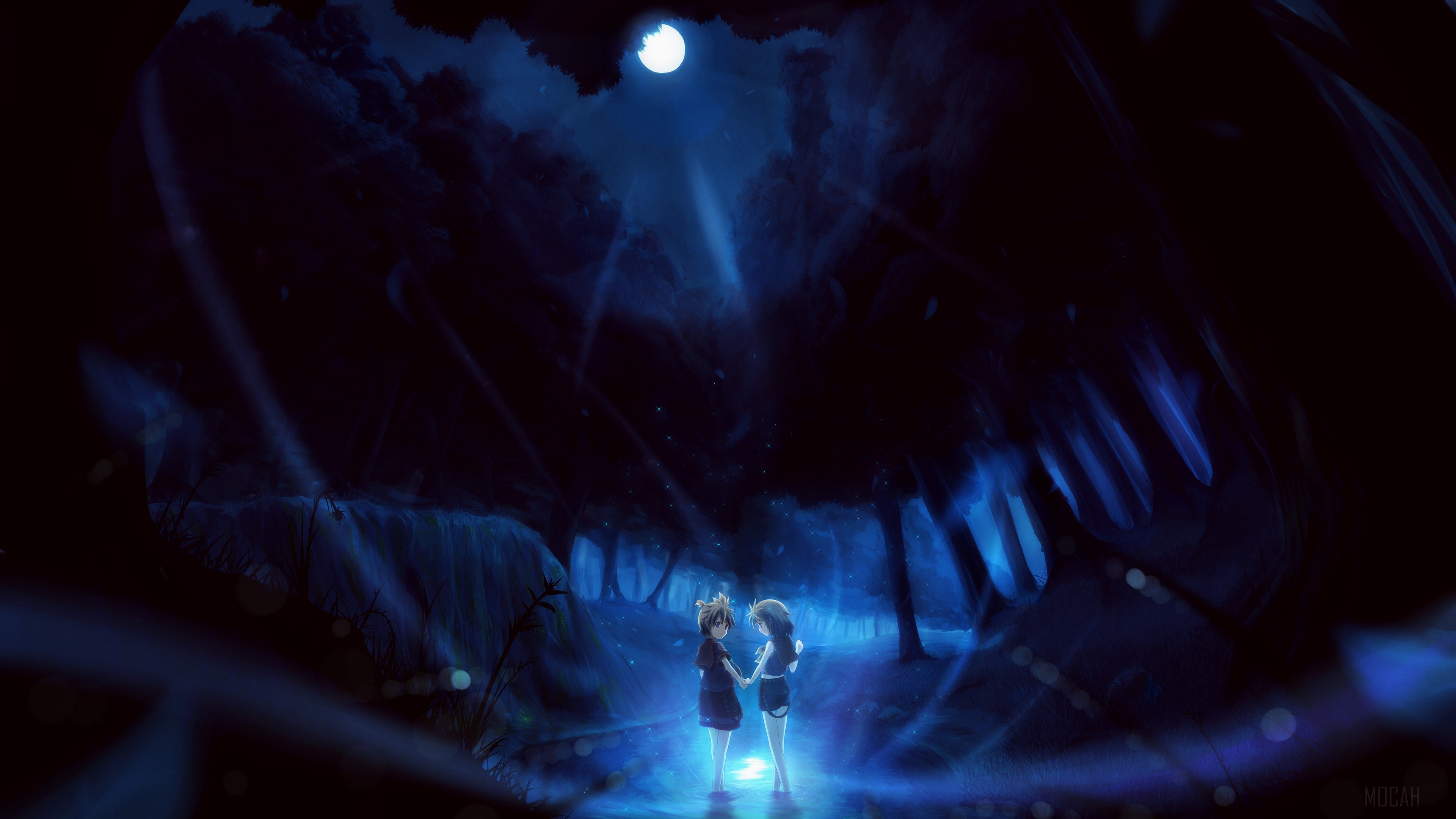 Len and Rin Kagamine in a dark forest 4K HD Wallpaper