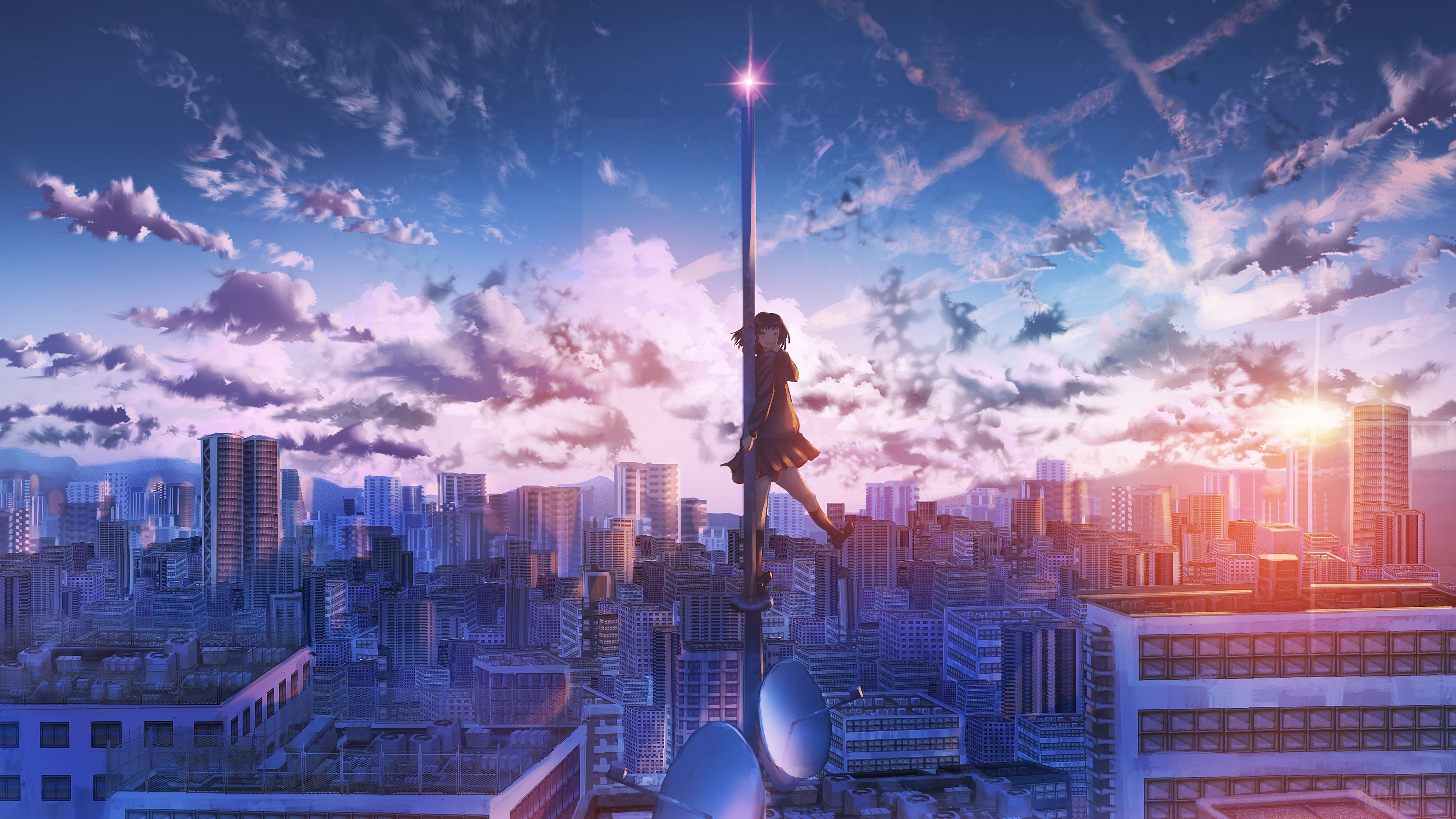 Girl on a pole in a city skyline 4K HD Wallpaper