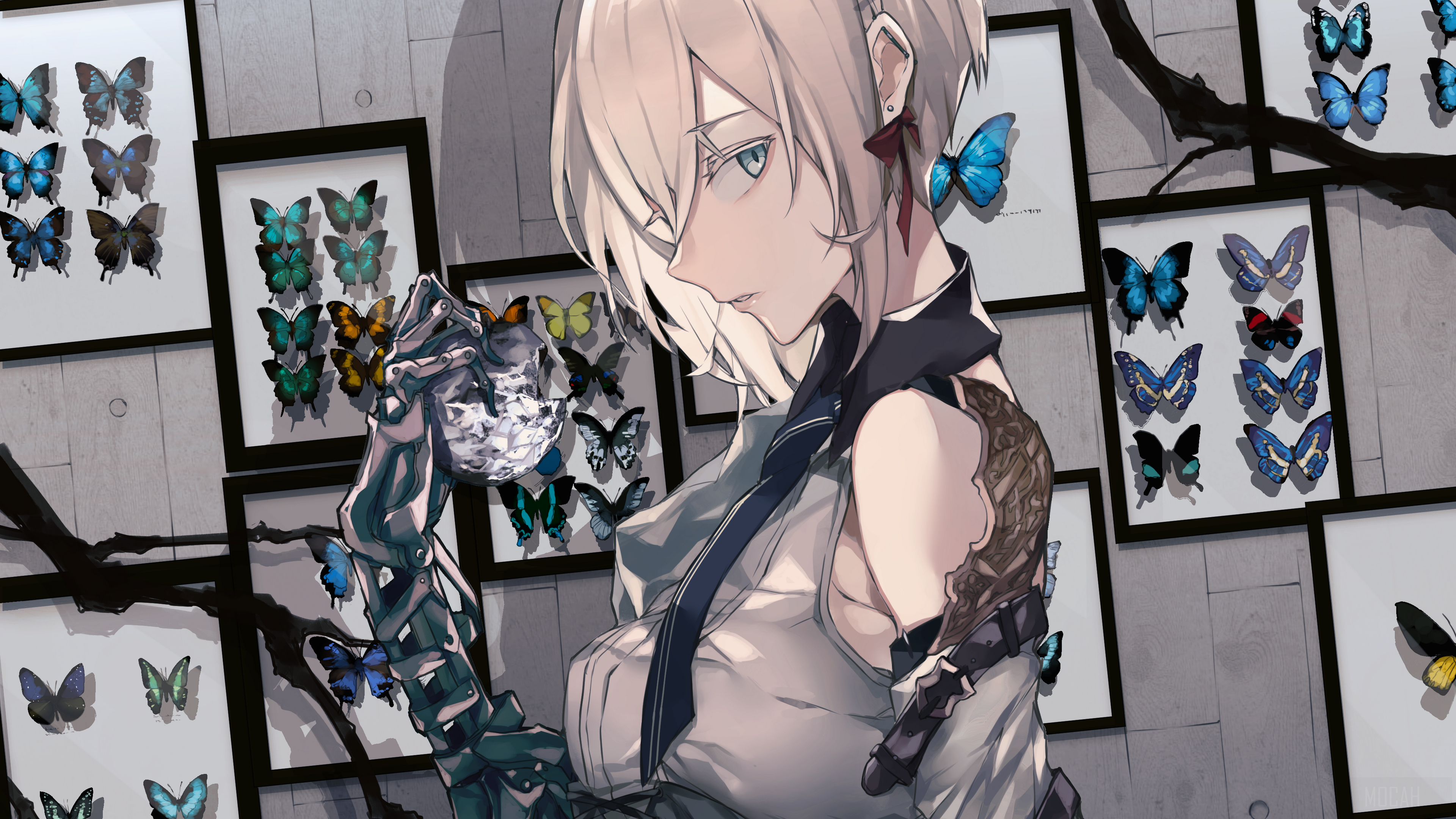 Girl with blonde short hair and butterflies 4K HD Wallpaper