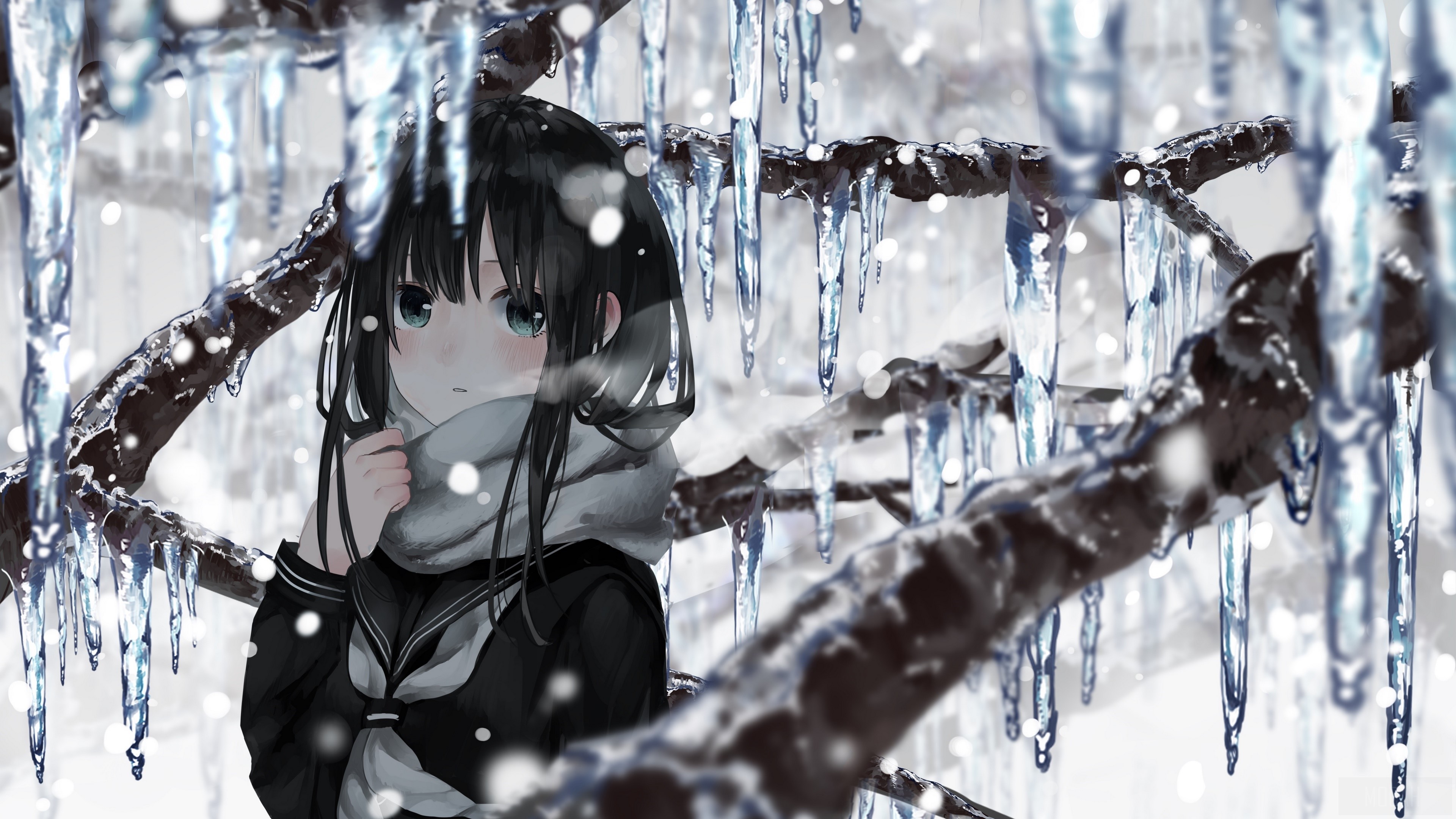 Girl in winter with icicles HD Wallpaper