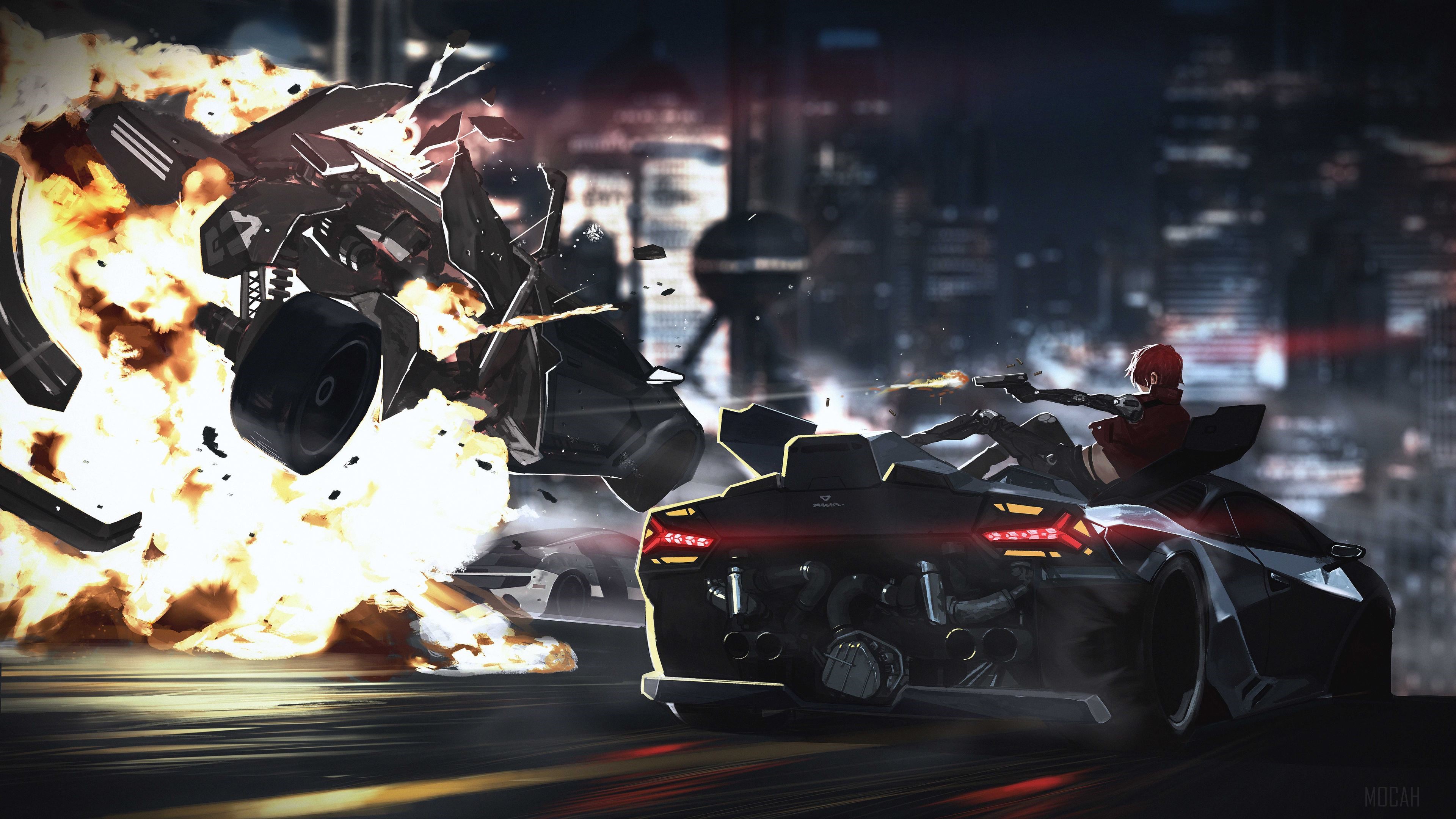 Anime girl in car shooting during explosion HD Wallpaper