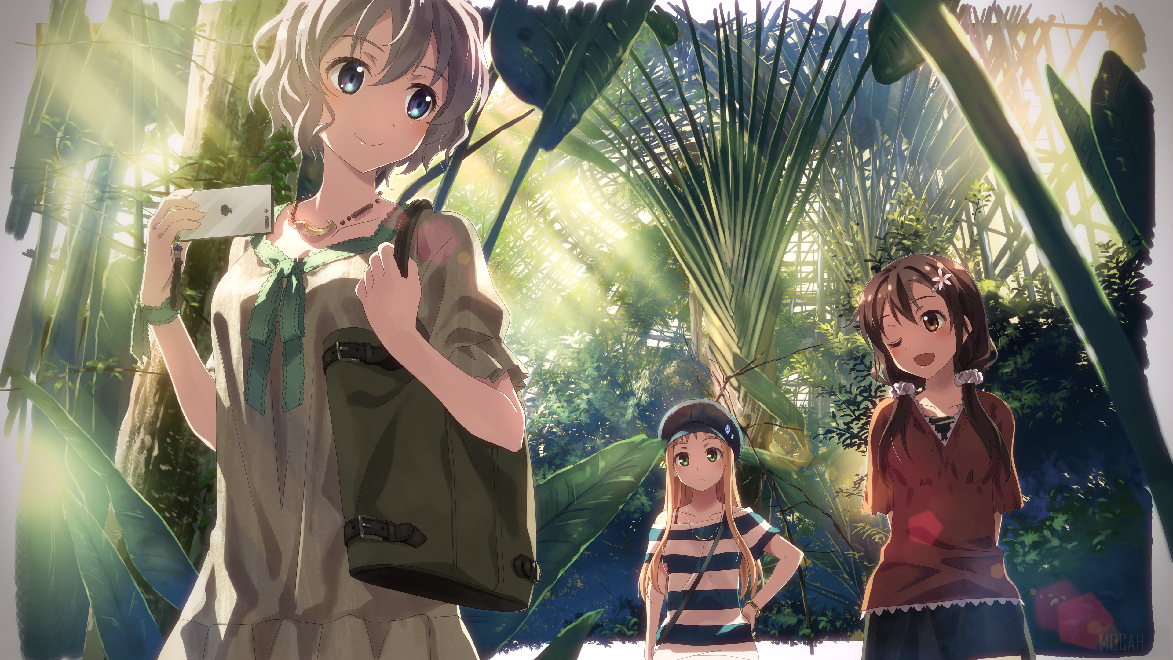 Three girls in a greenhouse with sunlight HD Wallpaper