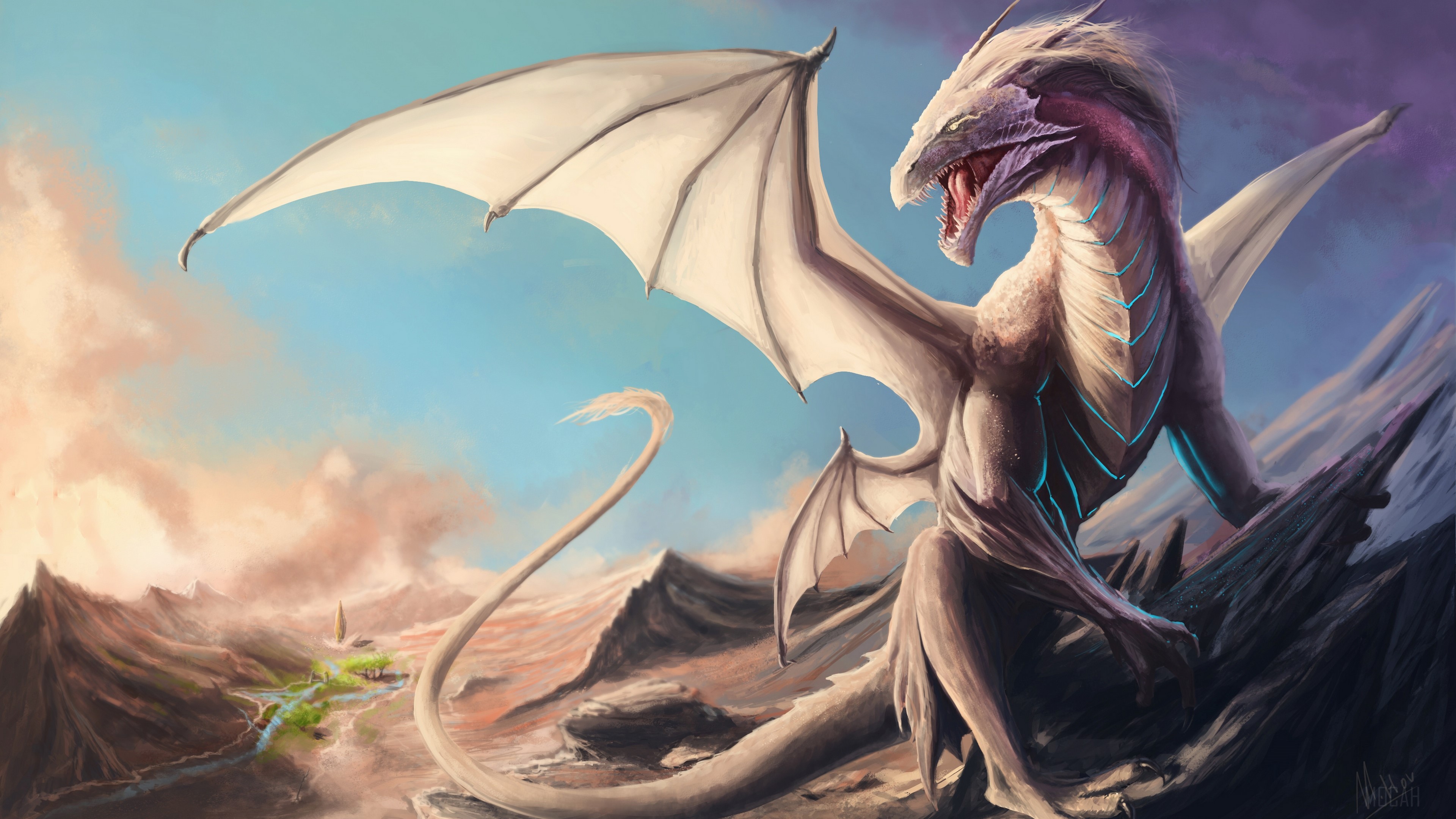 White Dragon in a Mountain Landscape 4K HD Wallpaper