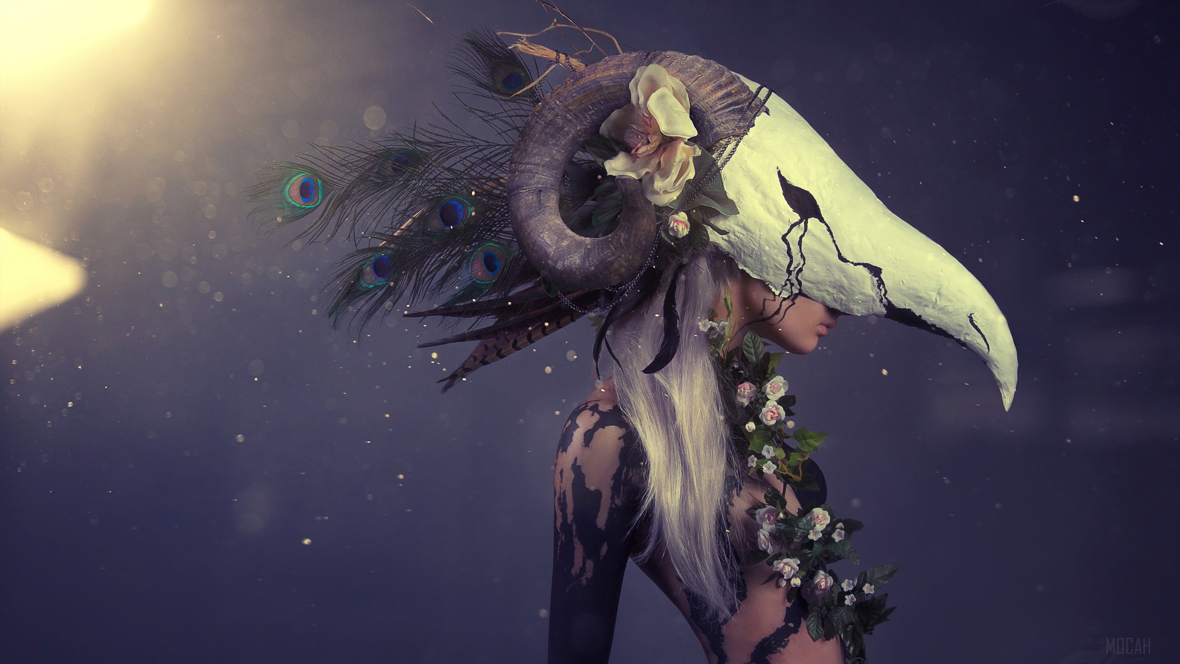 Woman with Ram Skull Headdress and Peacock Feathers HD Wallpaper