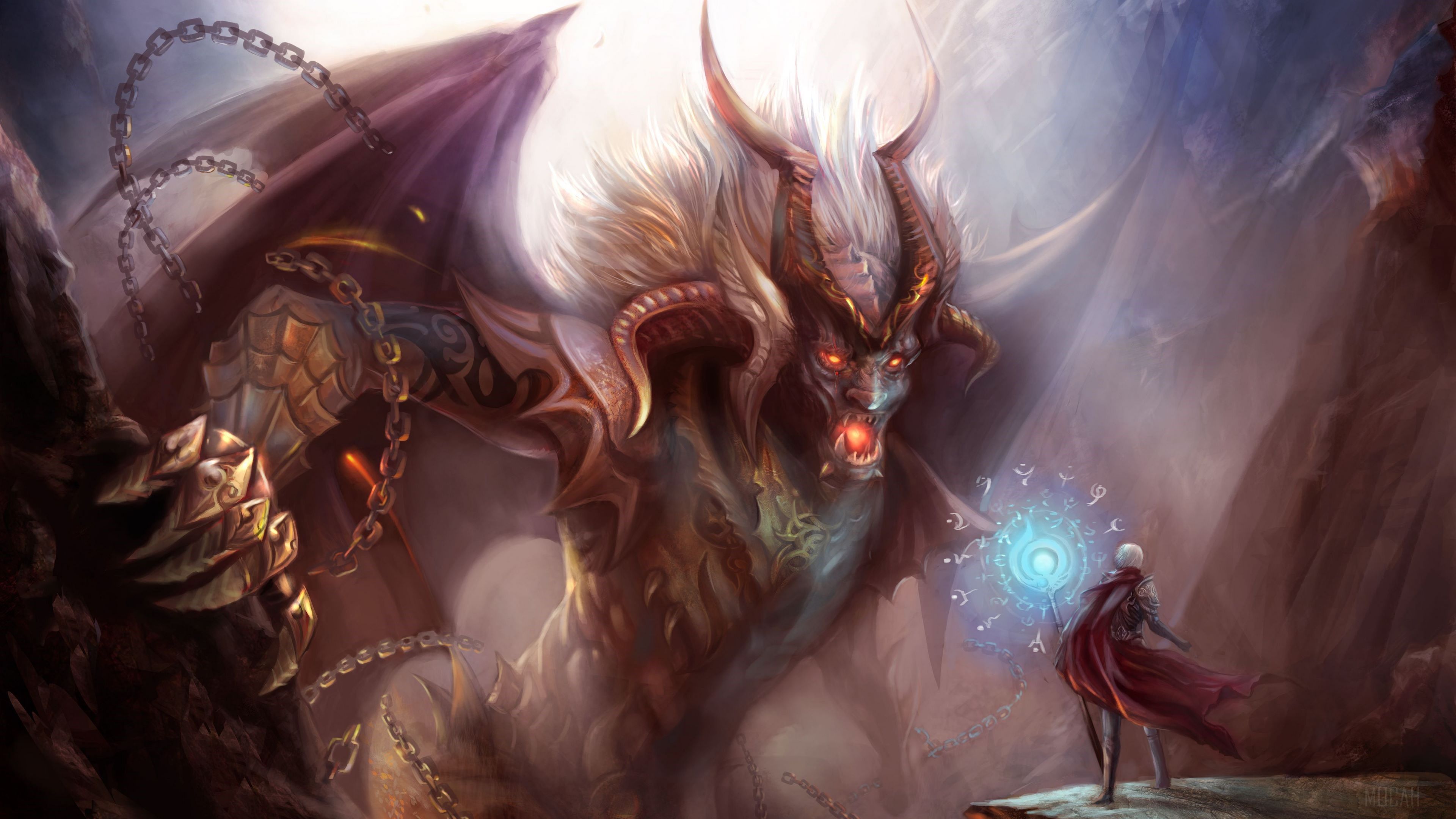 Demon facing a mage with a magic orb HD Wallpaper