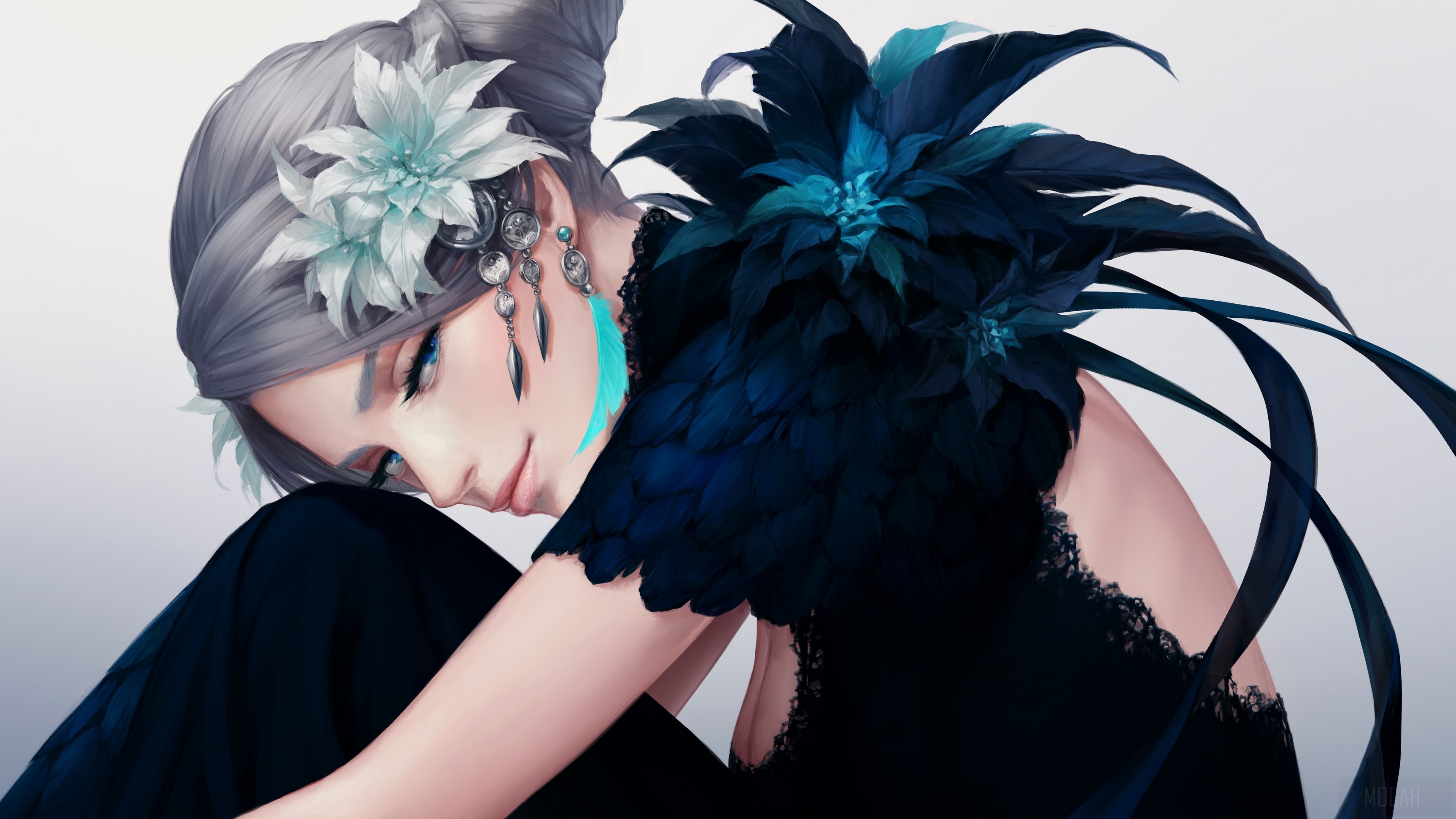 Woman with white hair and blue eyes wearing black dress HD Wallpaper