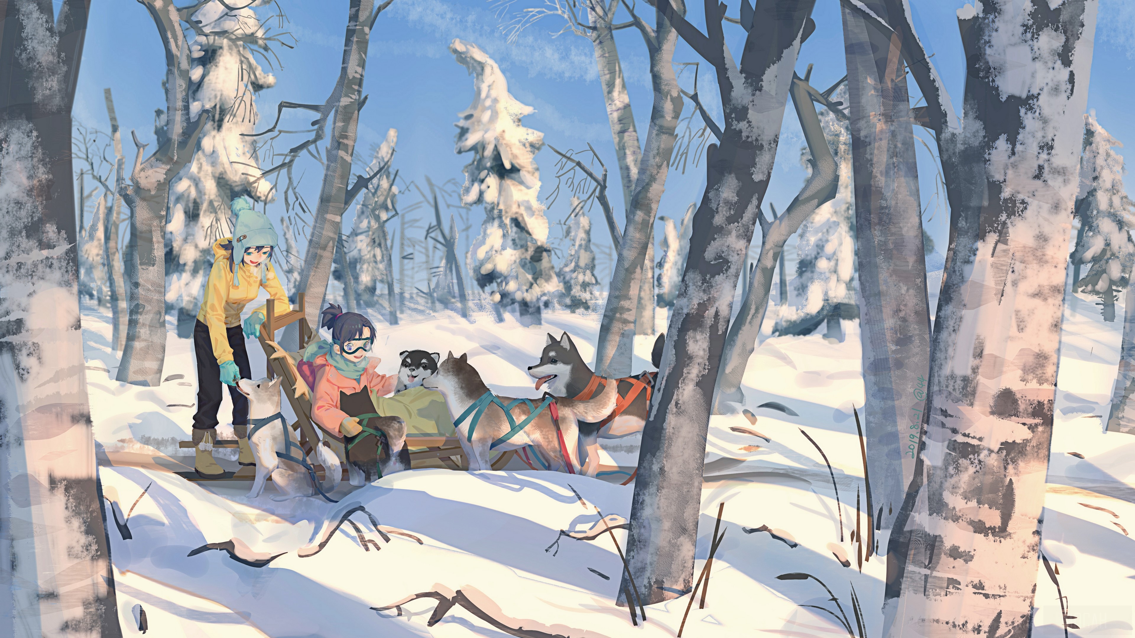 Girls and dogs in a snowy forest HD Wallpaper