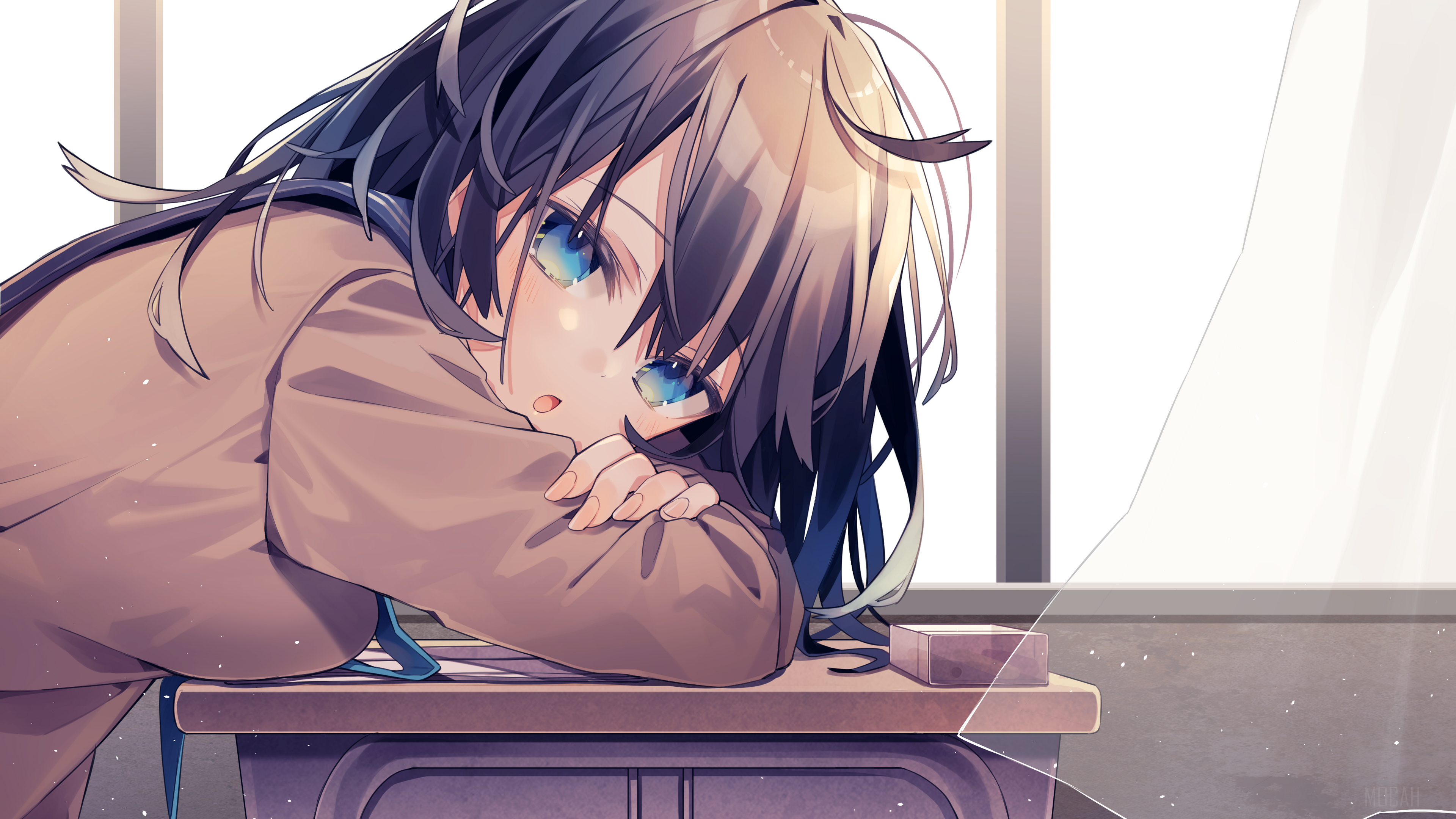 Anime girl resting head on desk HD Wallpaper