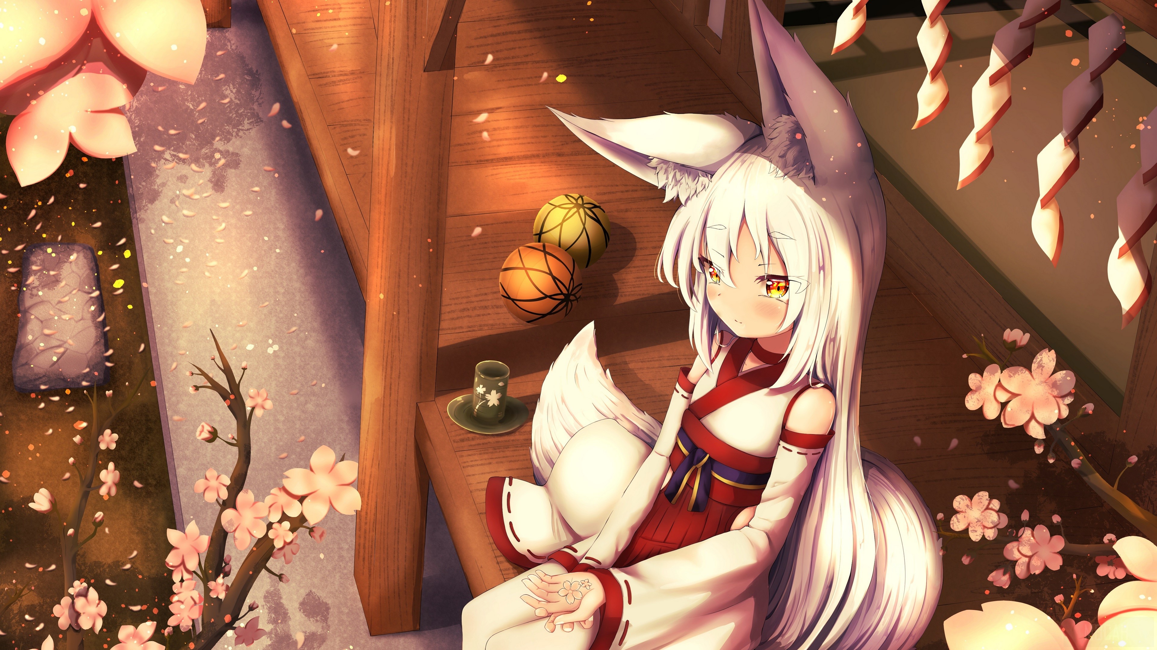 Kitsune girl in traditional Japanese attire HD Wallpaper