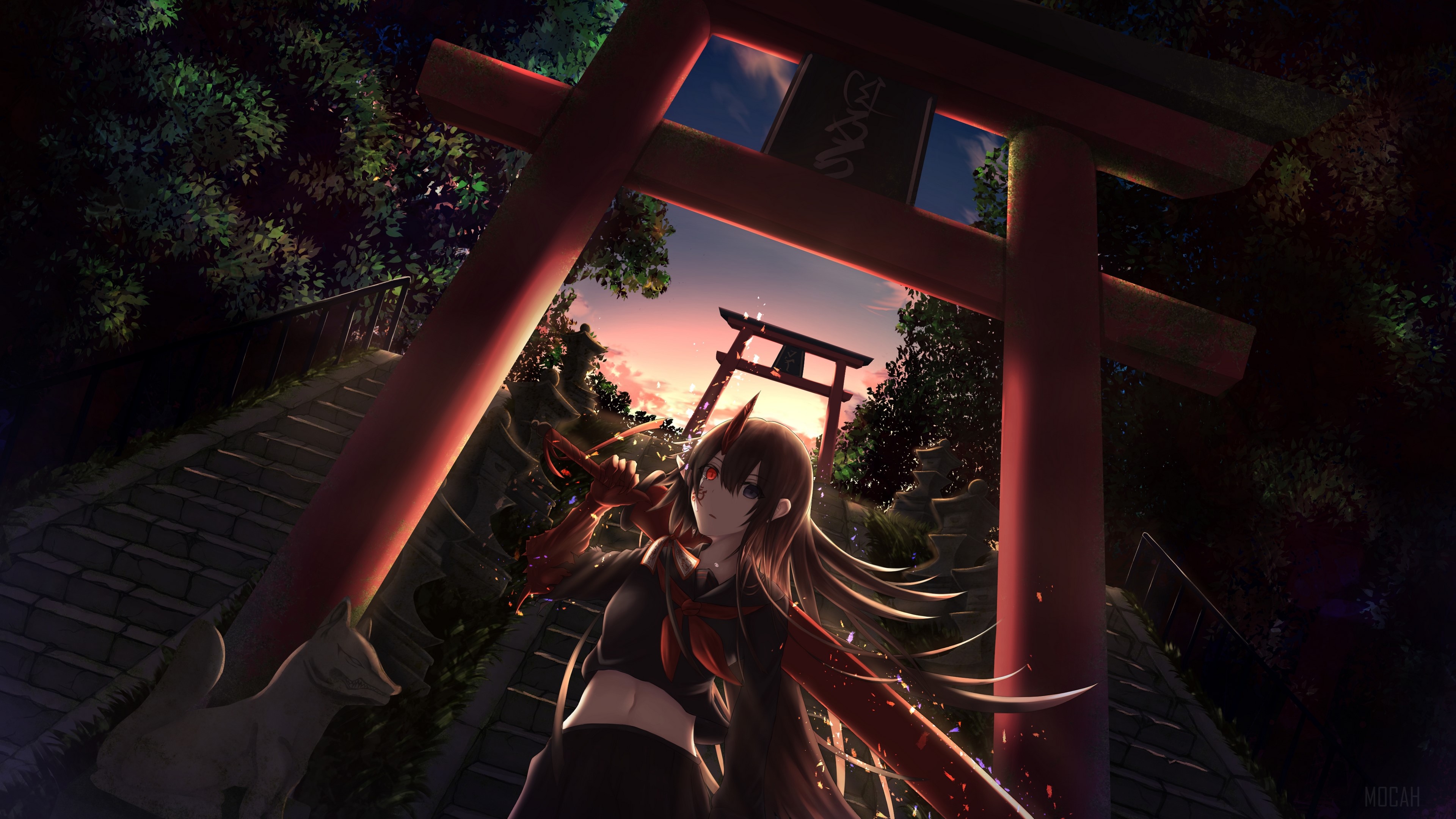 Anime girl with sword in front of torii gate 4K HD Wallpaper