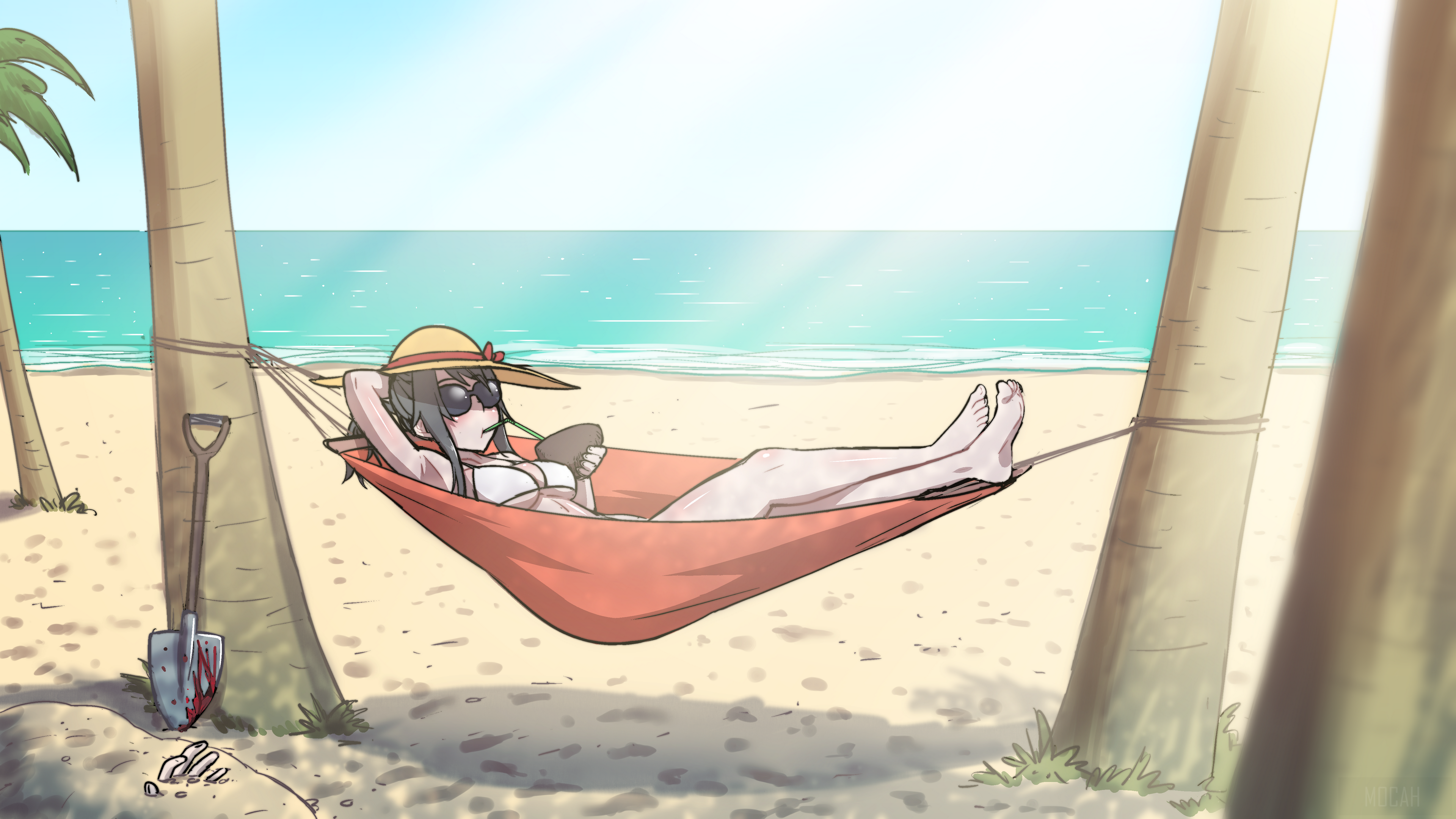 Yandere-Chan from Yandere Simulator relaxing on a beach HD Wallpaper