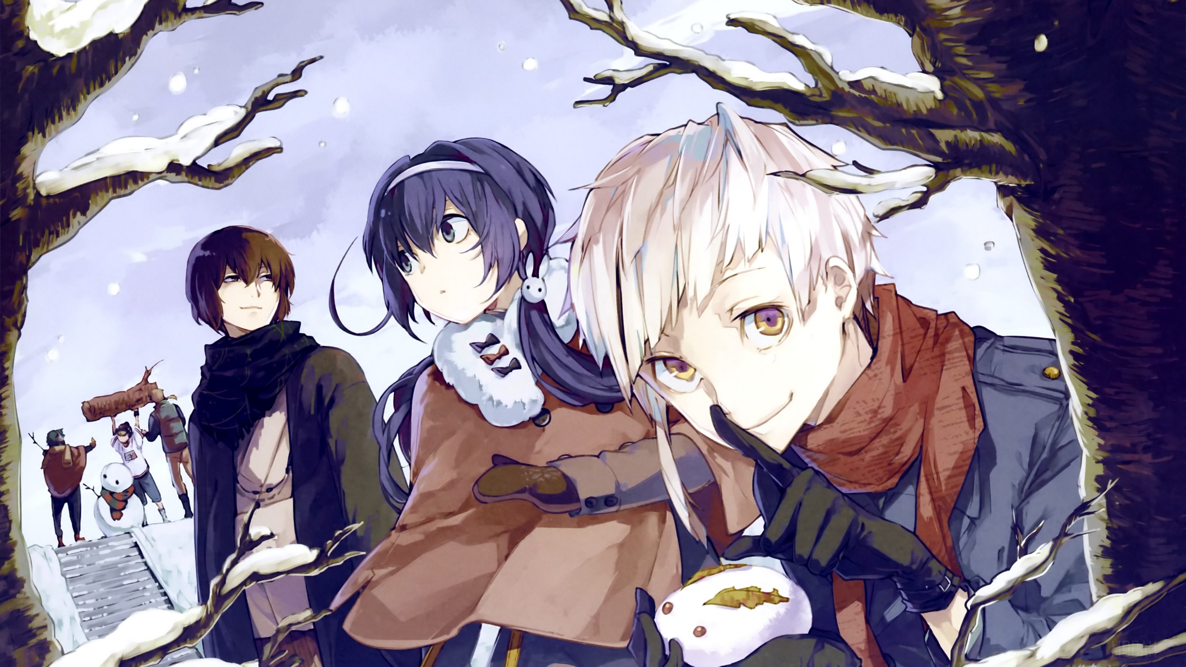Anime characters in a snowy forest HD Wallpaper
