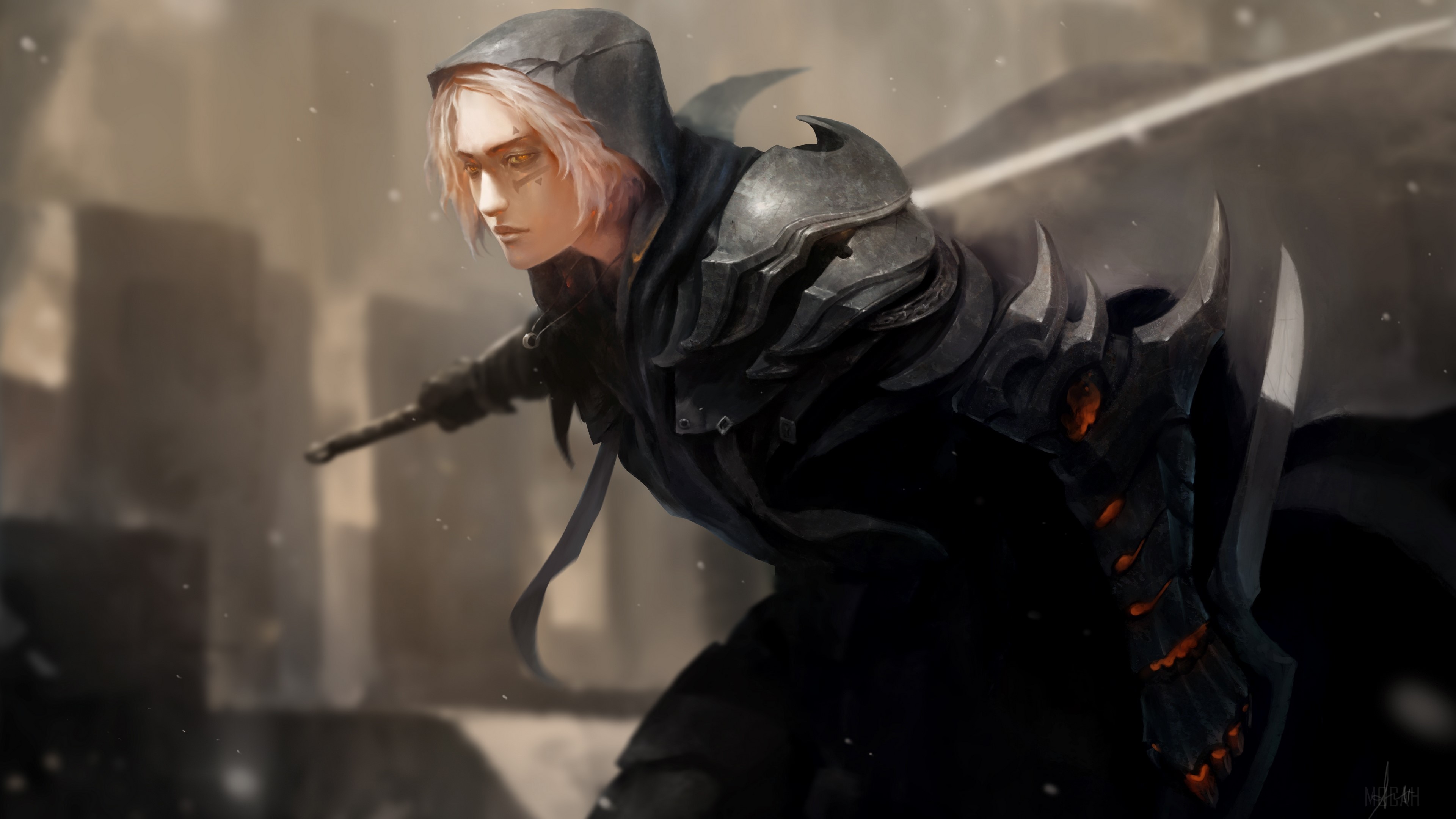 Man in dark armor with sword HD Wallpaper
