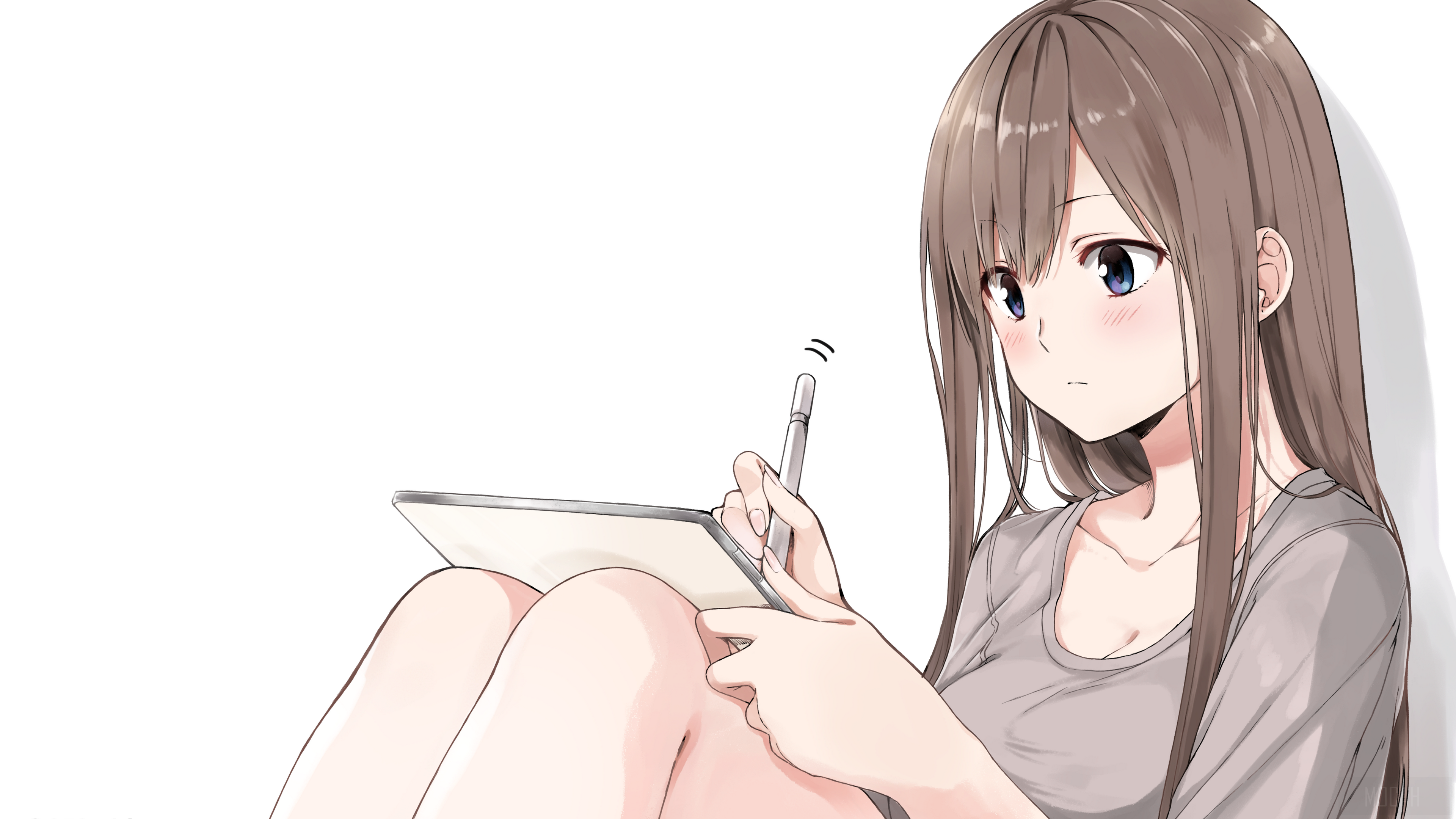Girl with Brown Hair and Blue Eyes Drawing on Tablet HD Wallpaper