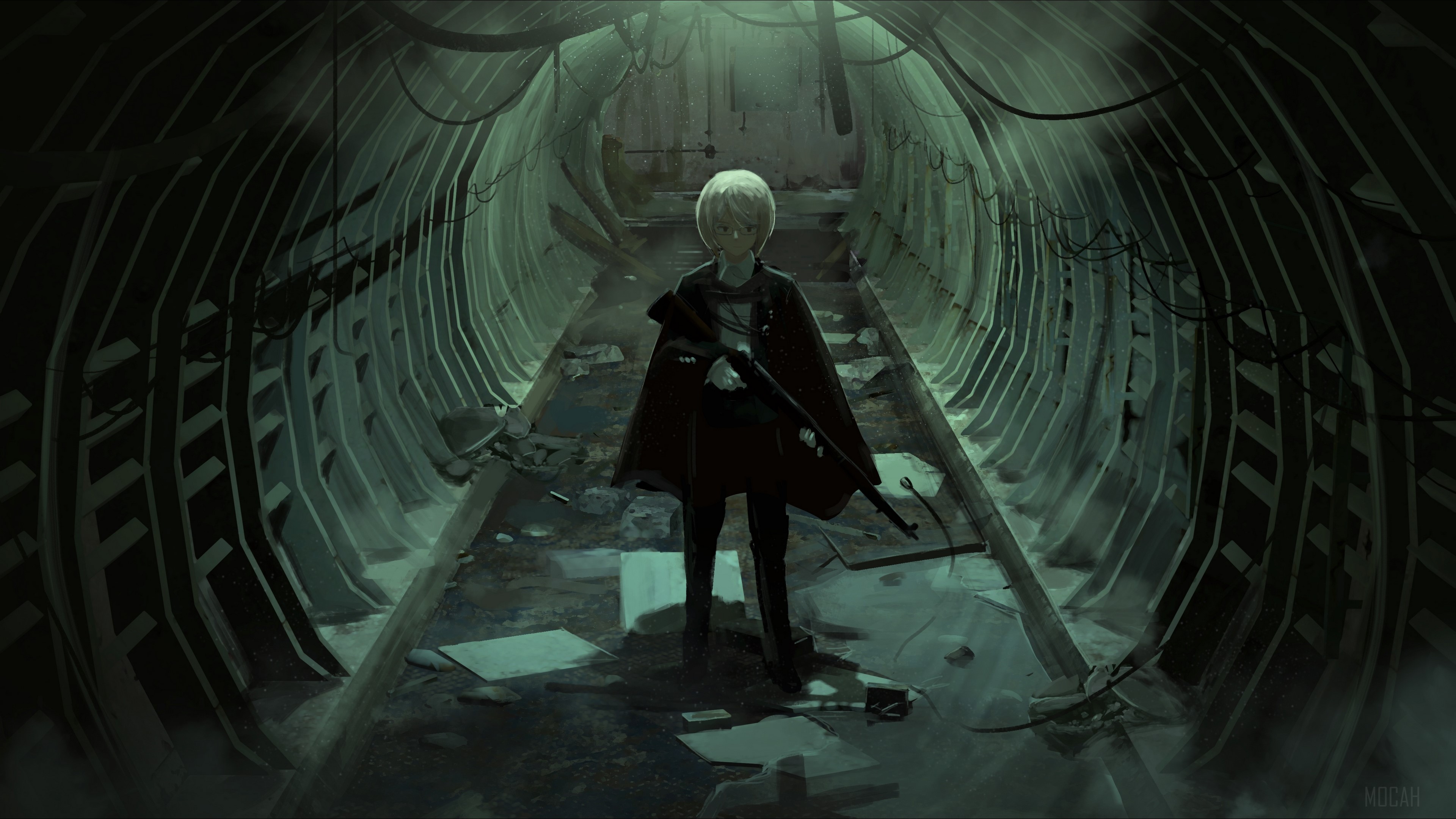 Girl with a gun in a tunnel 4K HD Wallpaper