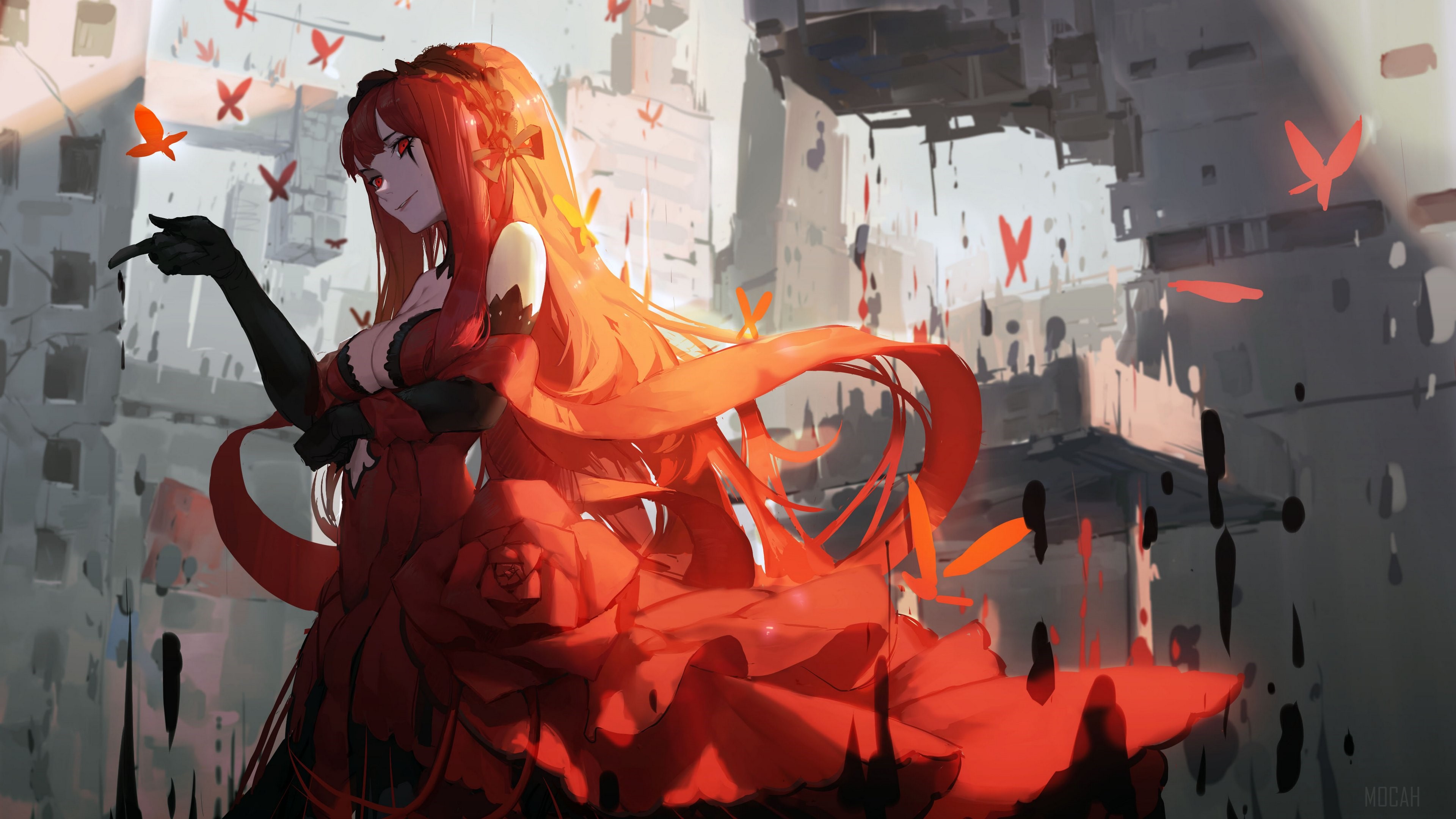 Kurumi Tokisaki in a red dress with butterflies HD Wallpaper