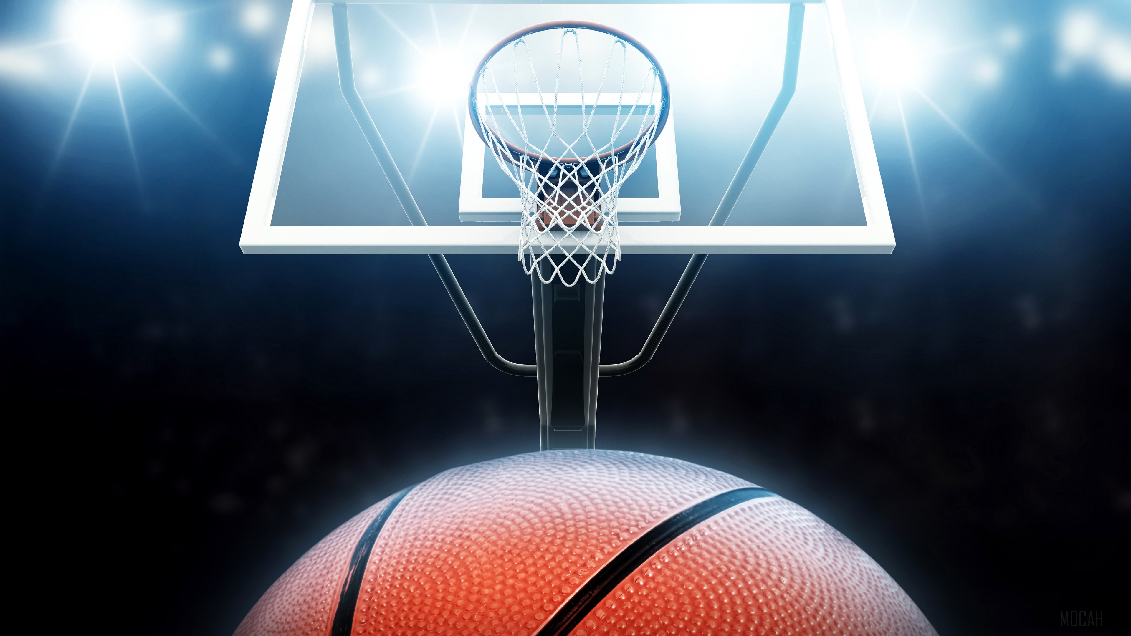 Basketball hoop and ball in arena 4K HD Wallpaper