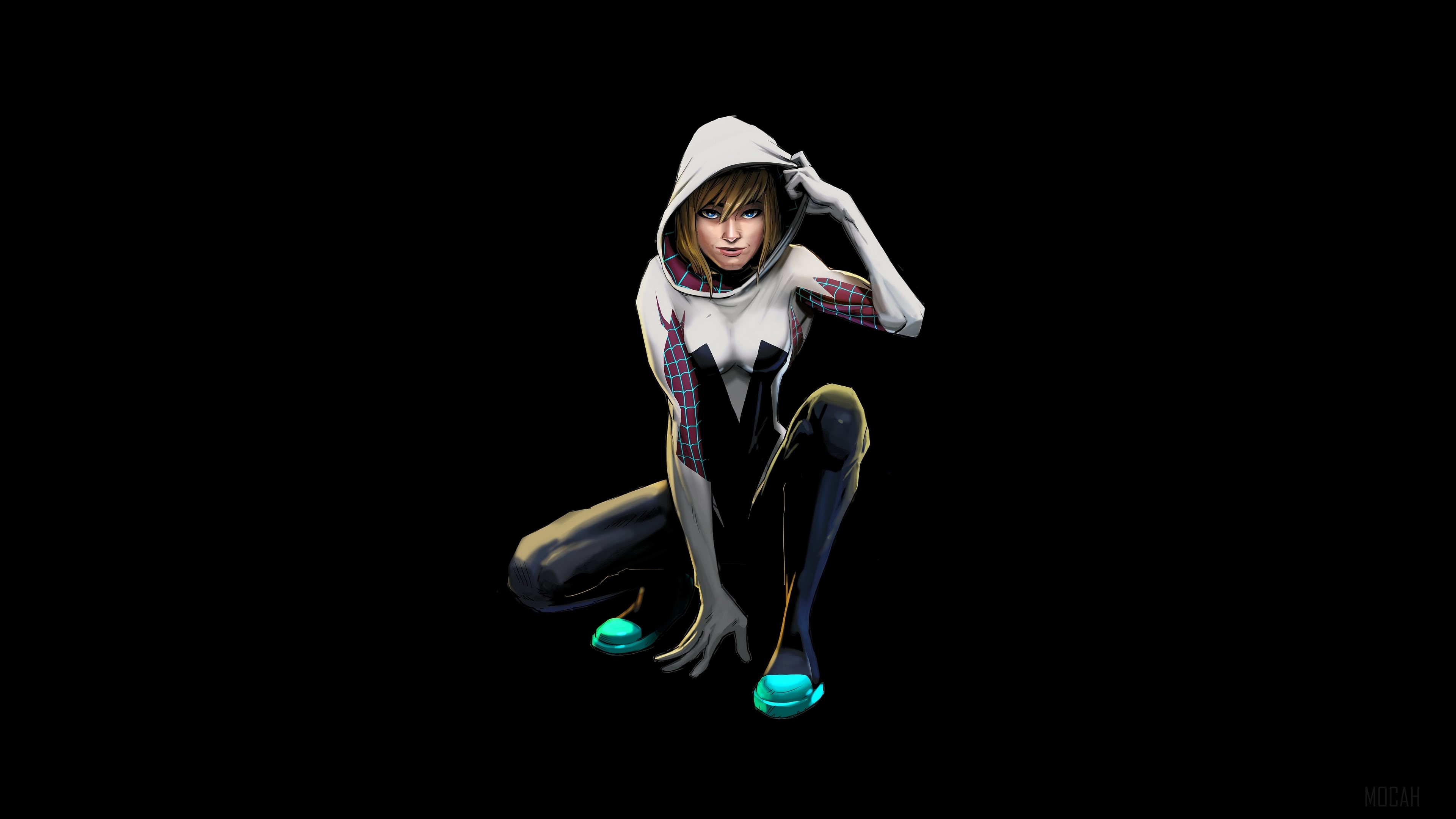 Spider-Gwen crouching in a white and black suit HD Wallpaper